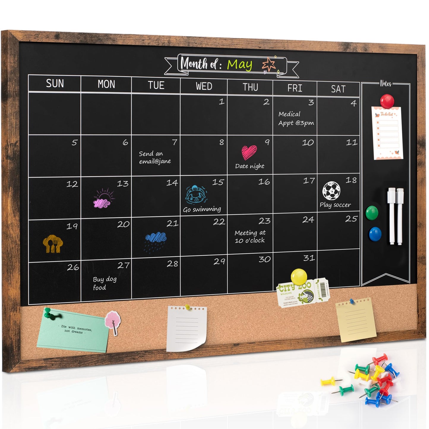 Board2by Monthly Chalkboard Calendar & Cork Board Combo, 24" x 36", Magnetic, Wall Mounted, Blackboard for Office, Kitchen, School, Home