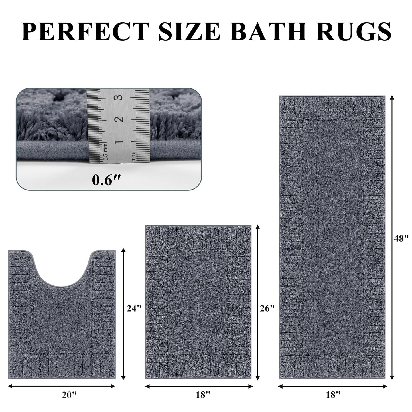 Pauwer Bathroom Rugs Sets 3 Piece Bathroom Shower Rugs with U-Shaped Contour Toilet Mat Absorbent Microfiber Plush Bath Mats Non Slip Bath Rugs Machine Washable Shaggy Bath Mat Set, Dark Grey
