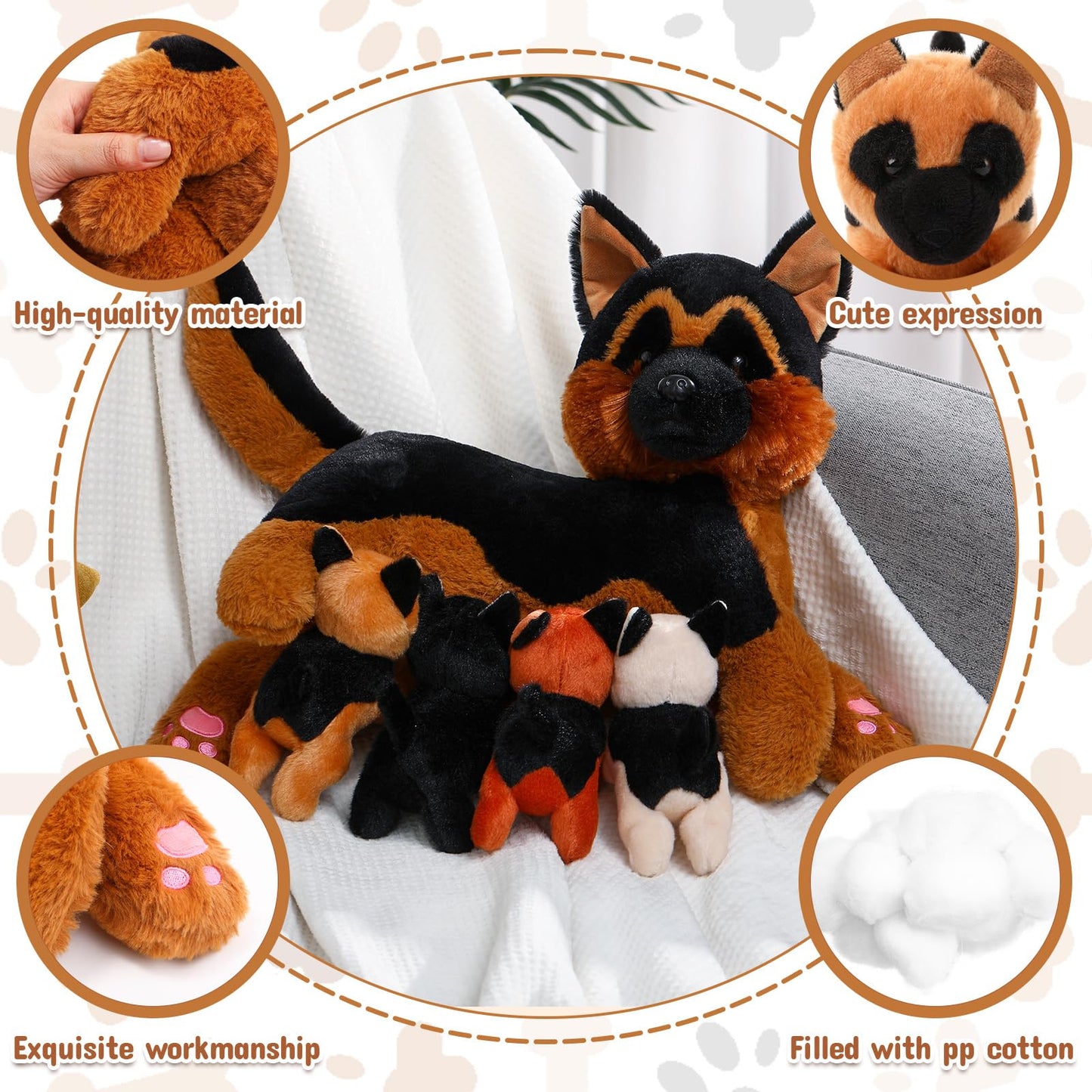 HyDren Nurturing German Shepherd Plush Toys Sets 15 Inch Soft Cuddly Nursing Mommy Dog Stuffed Animal with 4 Magnetic Stuffed Baby Puppies for Kids Birthday Holiday Party Favor Gifts Home Room Decors