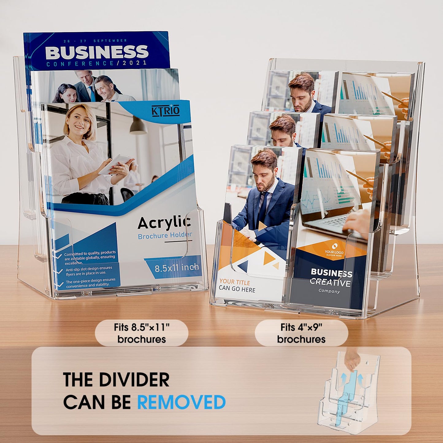 KTRIO Acrylic Brochure Holder 8.5x11 Inch, 3 Tier Literature Display Stand Clear Magazine Holder with Removable Divider for 4-inch Pamphlet, Flyers, Trifold Booklet, Wall Mount & Countertop, 2 Pack