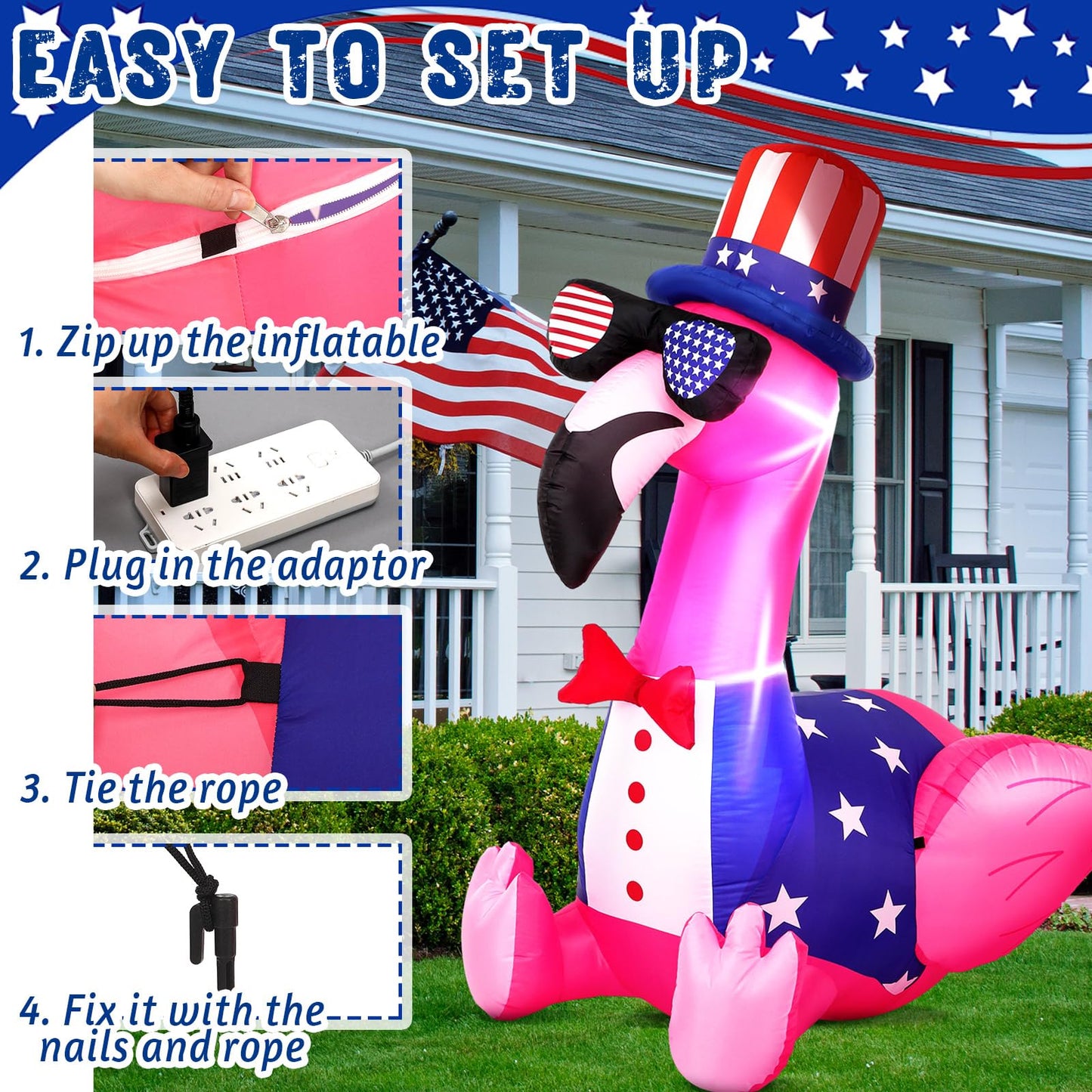 Leyndo 5 ft 4th of July Inflatables Outdoor Decorations Flamingo Patriotic Inflatables Independence Day Blow up with Built-in LEDs Lights for Yard Garden Lawn Memorial Holiday Party Decor