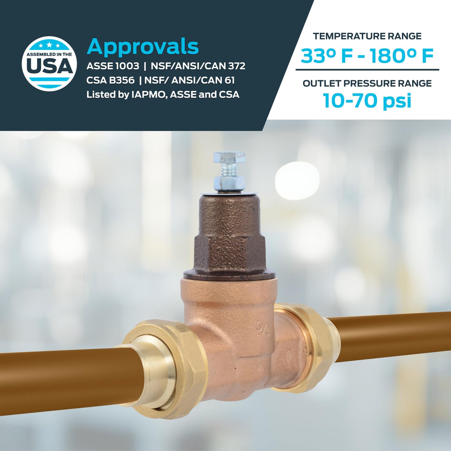 Cash Acme EB45 Pressure Regulating Valve, Double Union, 3/4 Inch Sweat, Metal Top, 60 PSI, PVA16M-DUSW-60