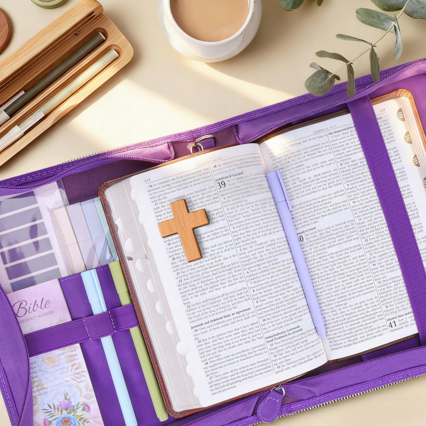 XKDOUS 24 Pcs Bible Cover Cases Set for Woman Study Bible Supplies Accessories Organizer Leather Bible Bag Holder Book Carrying Case w/Handle, Christian Gifts for Mom Women Men Lady