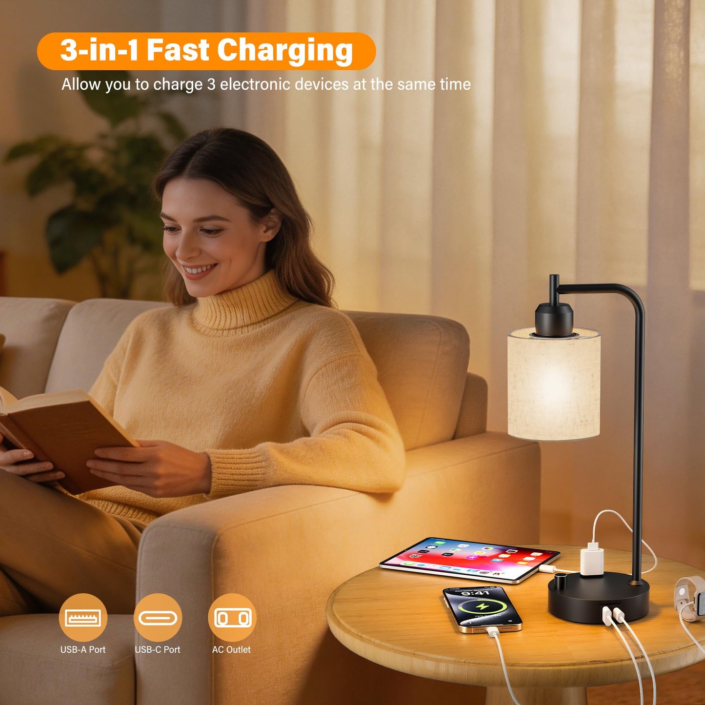 SIBRILLE Industrial Table Lamps with Linen Shade, Set of 2 Fully Dimmable Bedside Lamps with USB A+C Ports and Outlet, Black Nightstand Desk Lamps for Bedrooms Living Room Office, 2 LED Bulbs Included