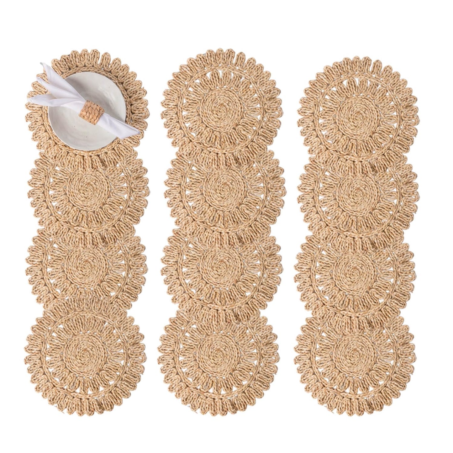 Laquedecraft 13.8" Set of 12 Round Corn Husk Placemats | Boho Woven Rattan Table Mats | Farmhouse Wicker Spring Plate Chargers Like Water Hyacinth, Seagrass Table Mats