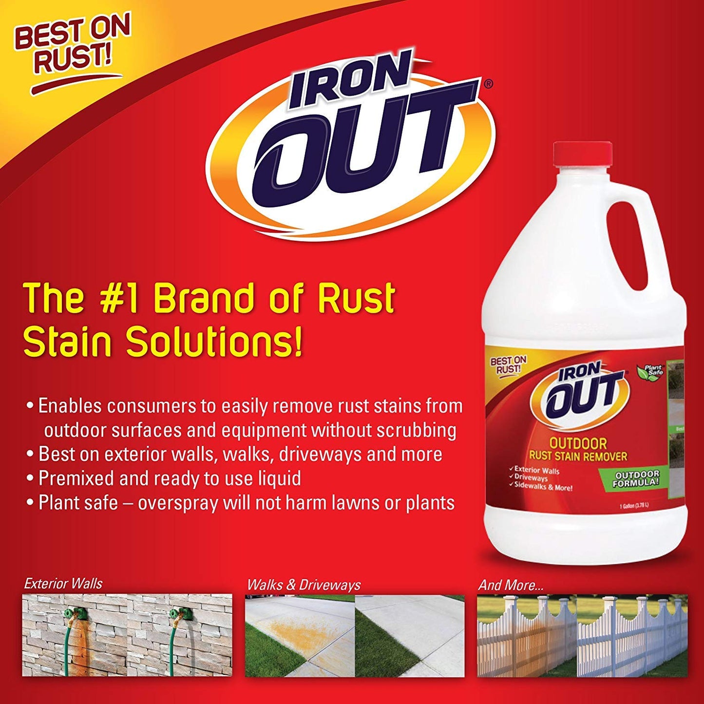 Iron OUT Liquid Rust Stain Remover, Pre-mixed, Quickly Removes Rust Stains from Concrete, Vinyl and Other Outdoor Surfaces, No Scrubbing, Safe to Use, 2 Gallons