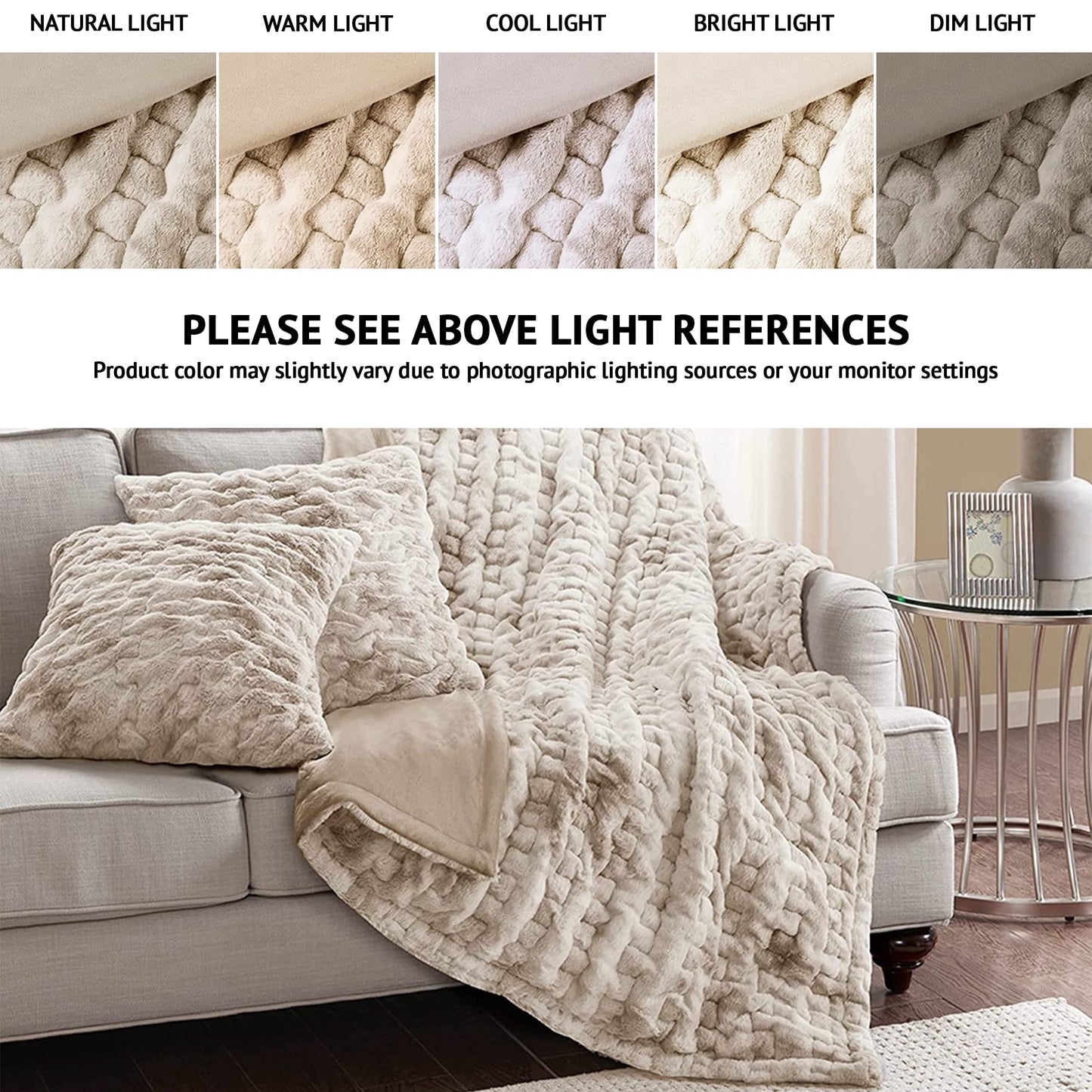 Comfort Spaces Ruched Faux Fur Plush Throw Blanket and Pillow Set with 2 Matching Square Pillow Covers Sofa Throw Blanket for Living Room, Chair, Couch, Home Office Fuzzy Soft Tan Tie Dye 50"x 60"