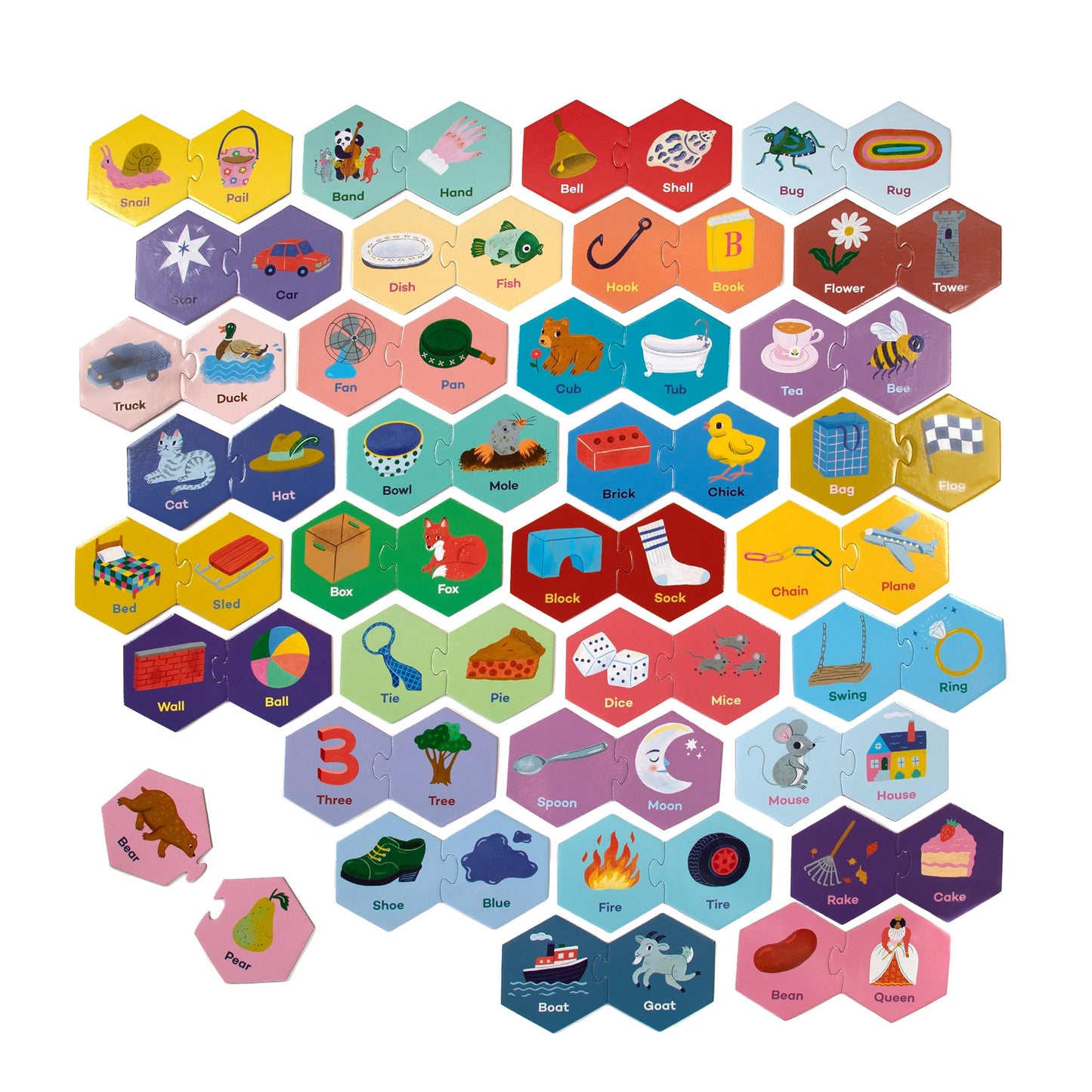eeBoo: Hexagon Puzzle Pairs - Rhyming Words - 33 Hexagon Shaped Puzzle Pairs, Match Sounds to Images, Educational Preschool Learning, Kids Ages 3+