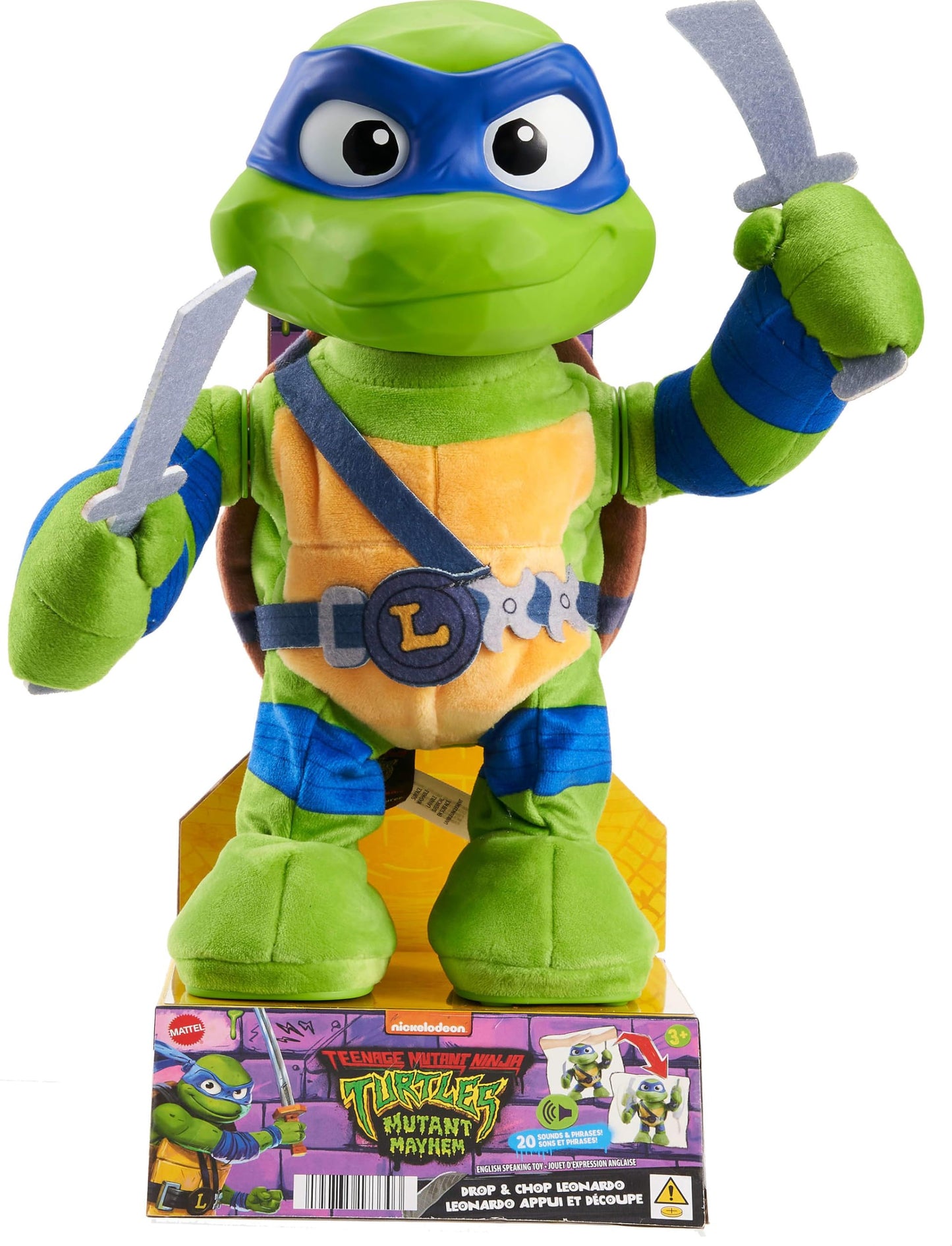 Mattel Teenage Mutant Ninja Turtles: Mutant Mayhem Leonardo Plush Toy with Action & 20+ Sounds, 11-inch Soft Doll with Vinyl Head