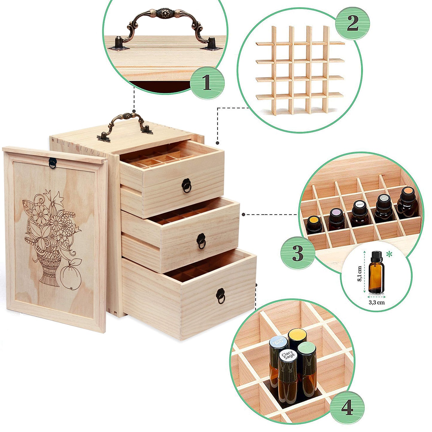 TORIBIO Essential Oils Box for 60 Bottles, Wooden Essential Oils Storage Organizer Holds 5 10 15 20 30 ml for Young Living & Doterra Bottles