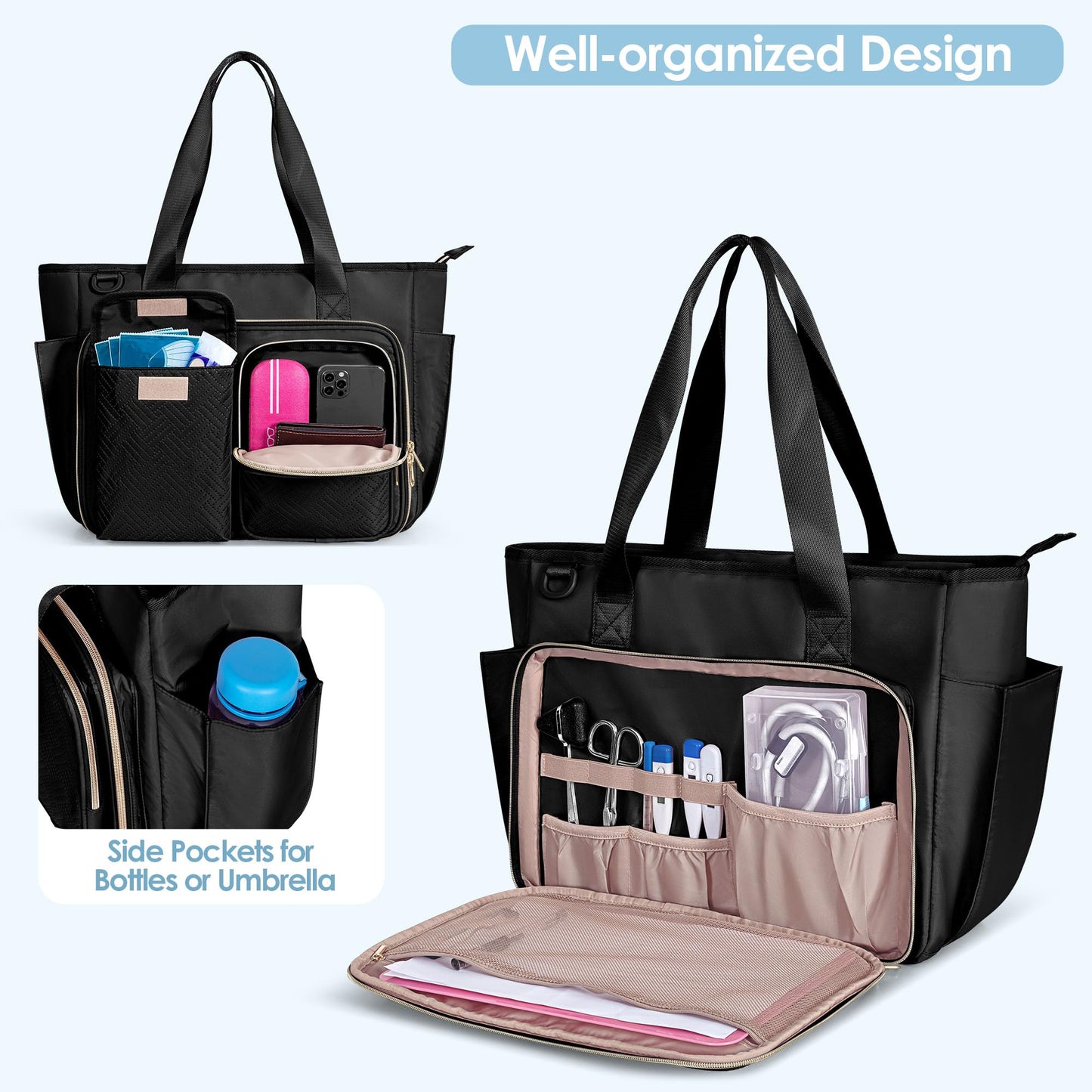 Fasrom Nurse Bag for Work with 15.6 Inches Laptop Sleeve, Medical Bag Tote to Hold Nursing Clinical Essentials for Home Health Nurses, Black(Patent Design, Empty Bag Only)