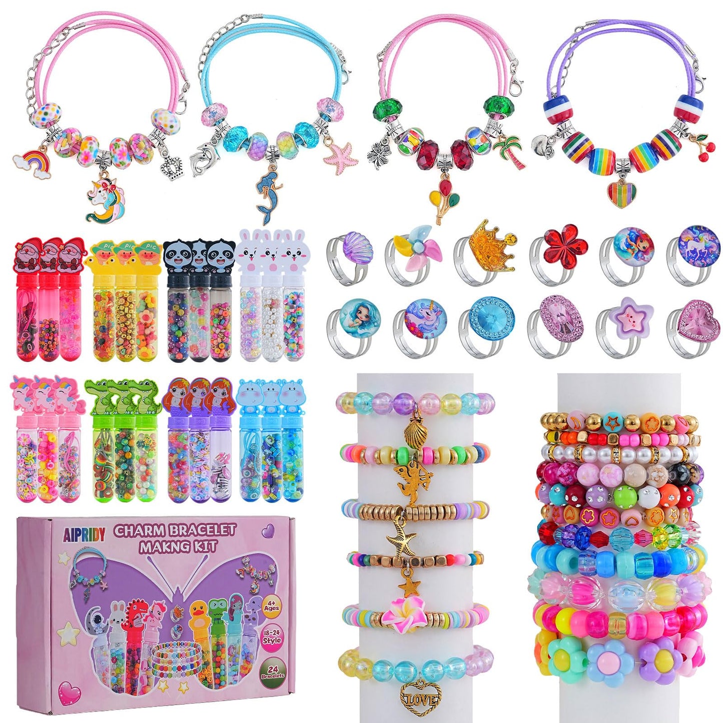 AIPRIDY Creative Beading Kit, Charm Bracelet Jewelry Making Kit for Kids, 24 Styles, 24 Pack Bracelet Wands,Classroom Prizes,Goodie Bags Stuffers, Ages 4+ (Glass+Plastic Mixed)