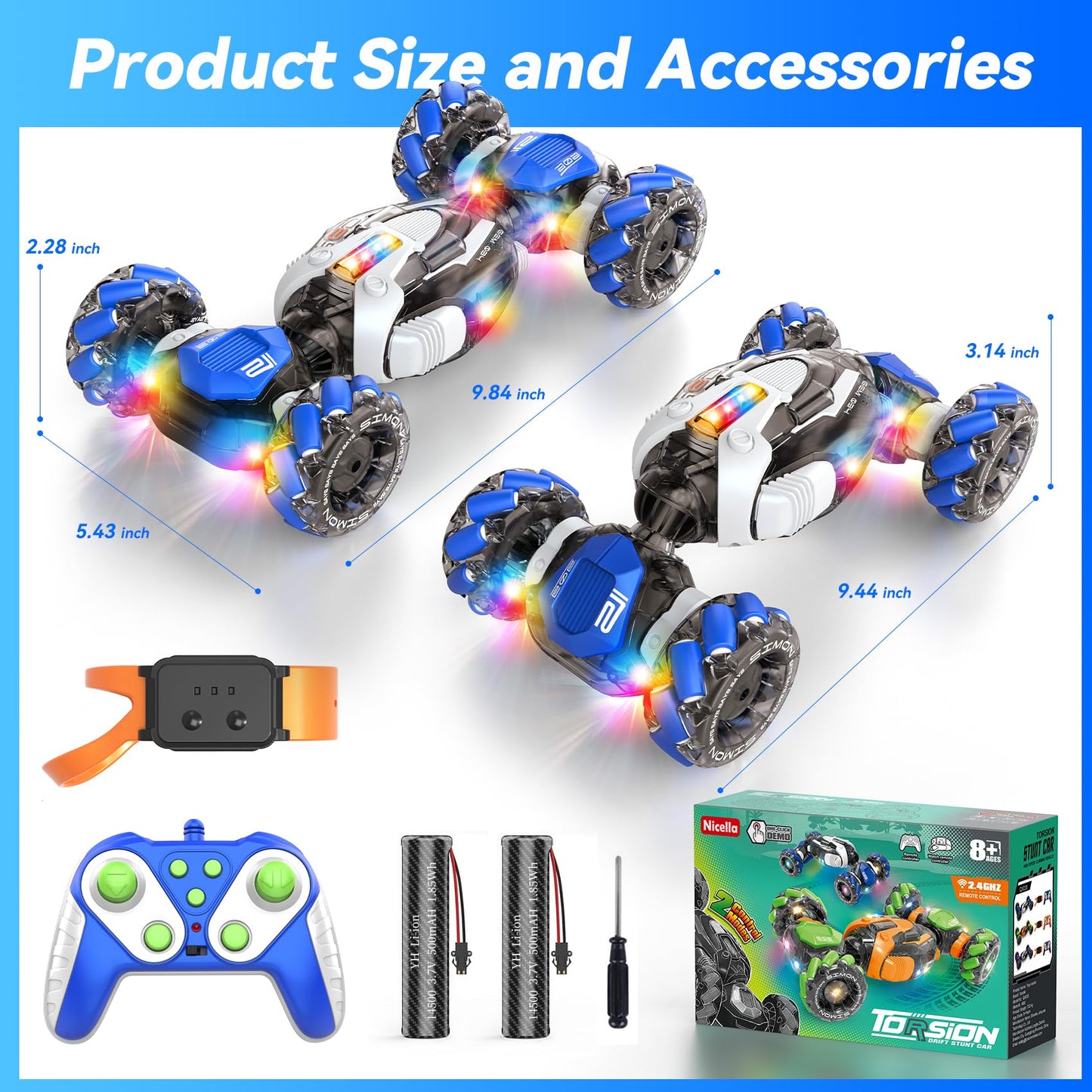 Nicella Gesture Sensing RC Stunt Car, 360° Rotating 4WD Remote Control Transform Hand Controlled Car - Fun Toys for 6 7 8 9 10 11 12 13 Year Old Boys Girls Birthday Gifts