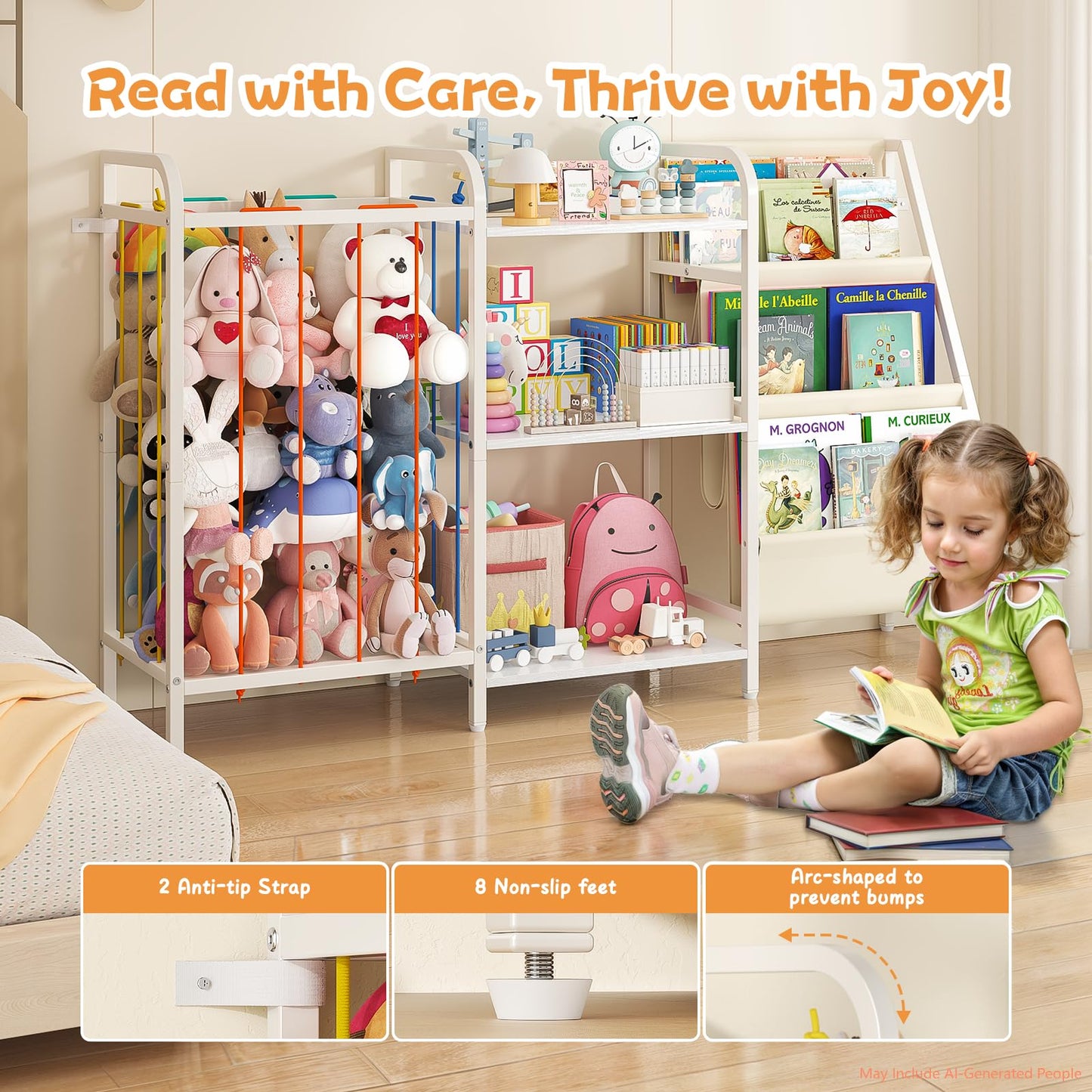 CYXPHION B1 Kids Bookshelf and Toy Storage, 3-Tier Book Shelf for Kids Rooms, Sling Baby Bookcase with Stuffed Animal Storage, Montessori Toddler Bookshelf for Nursery, Bedroom, Playroom, White