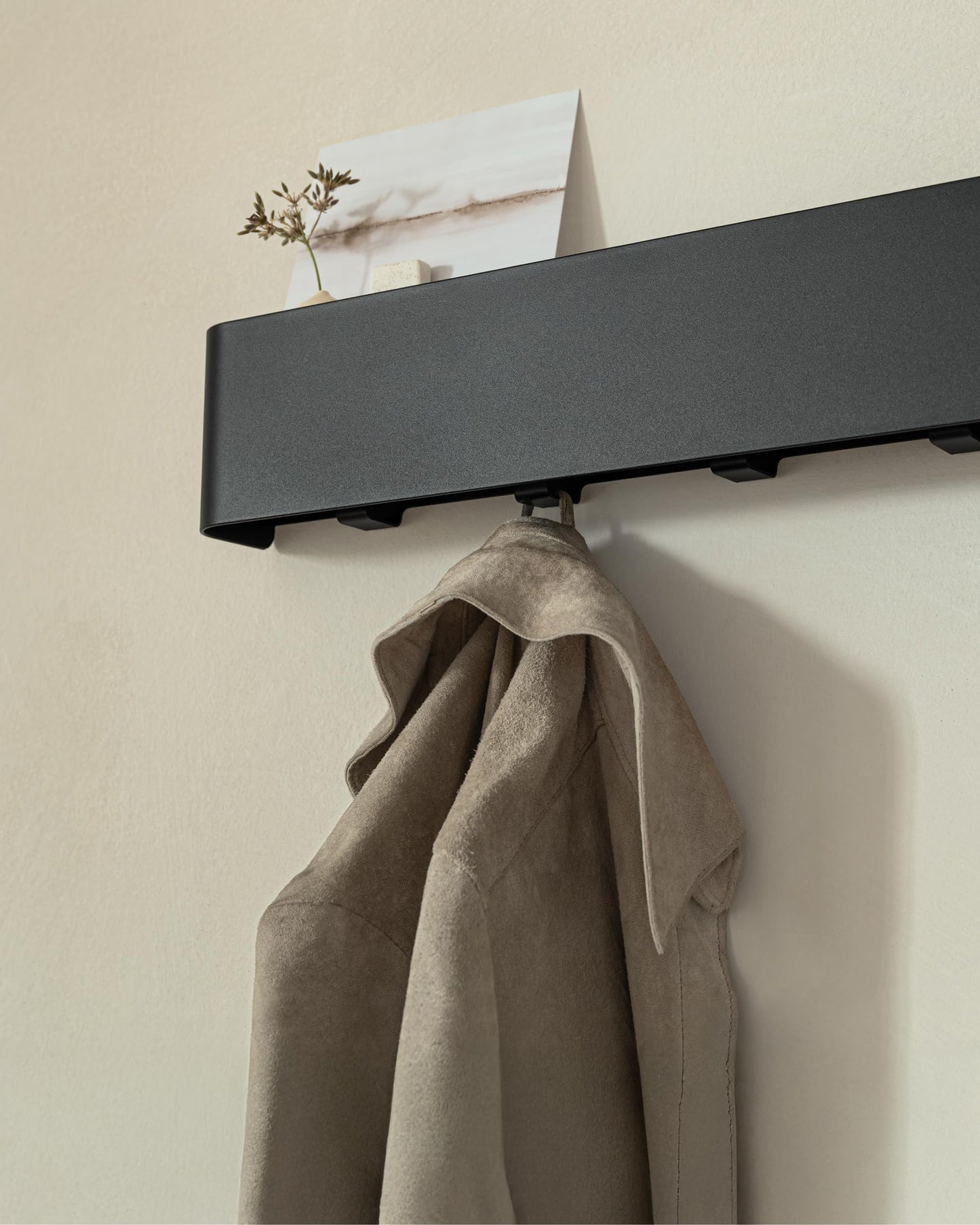Kazai. Coat Rack Wall Mount with Shelf 'Tone' | Modern Design Coat Hanger with Hidden Hooks and Storage | Hat Rack with Shelf in Metal | Wall-Mounted Purse Organizer | Black