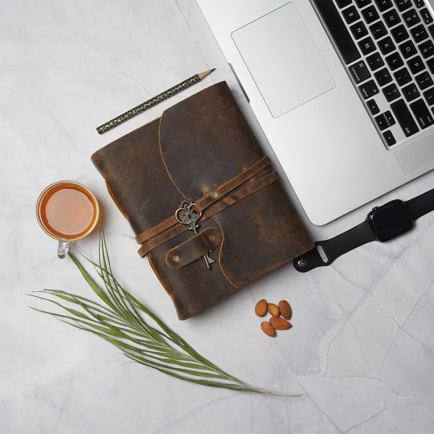 LEATHER VILLAGE Vintage Leather Journal – 200 Handmade Vintage Deckle Edge Paper – Leather bound Journal For Women Men – Vintage Key Closure - Book of Shadows - Cappuccino Brown - 13X8 inches