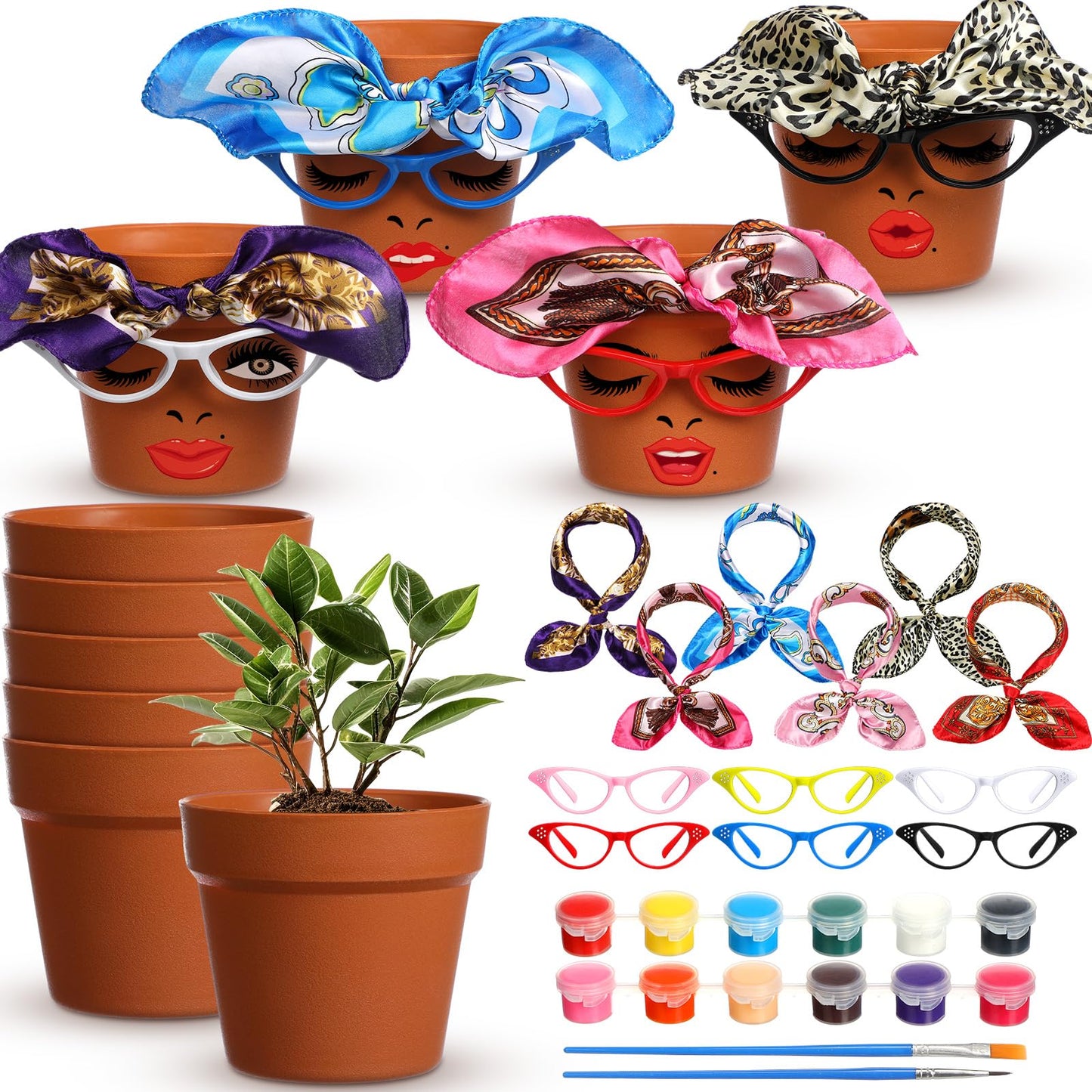 Sliner 6 Set Funny Flower Pot Kit Cute Flower Growing Making Kit Soul Sister Face Head Planter Set Include 5.5" Plastic Plant Pots Glasses Silk Scarf Acrylic Paint for Art Painting DIY Crafts