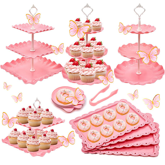 15 PCS Dessert Table Display Set Pink Cupcake Stand,3 Tiered Tray Stand Cup Cake Tower Holder, Cake Stand Serving Trays Dessert Display Stands for Tea Party Wedding Baby Shower Girl-Pink
