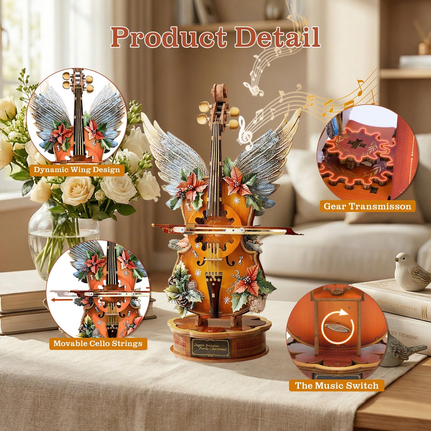 3D Puzzles for Adults, Wooden Music Boxes-Cello, Model Kits for Adults, DIY Wooden Model Building Set, Music Box Building Kit Desk Gift for Men Women Hobby for Adult(Holly)