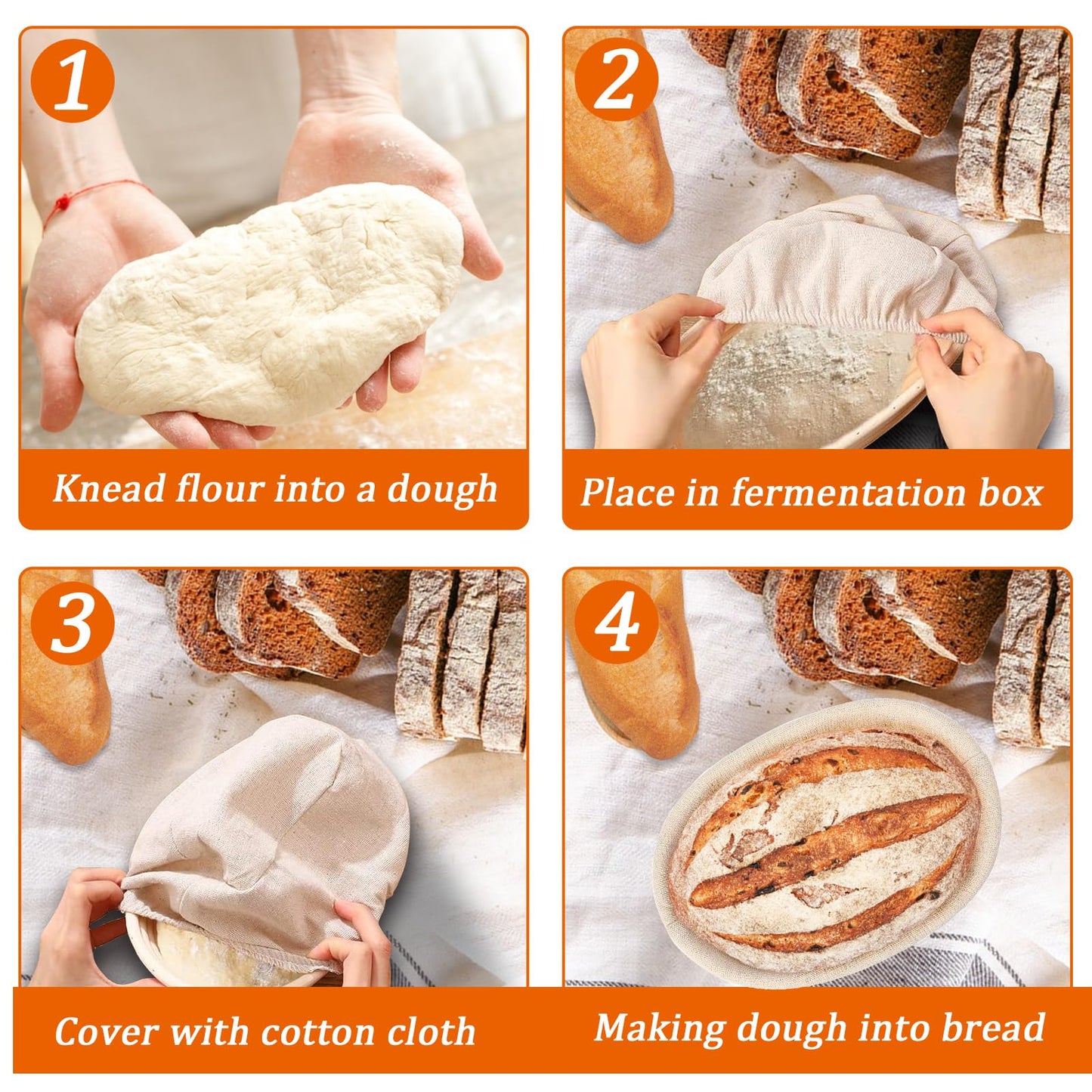 Nalcant 4 Pack Oval Banneton Proofing Basket Set 10 Inch, Natural Rattan Sourdough Bread Baskets with Linen Liners, Artisan Dough Rising Bowls for Home & Professional Bakers (10" Oval, Set of 4)