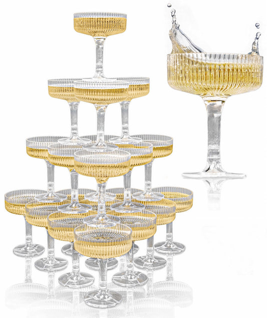 Ksestor ACRYLIC Champagne Tower - 7oz. Set of 20 Champagne Flutes Plastic - For Weddings & Parties - Plastic Coupe Glasses - Clear