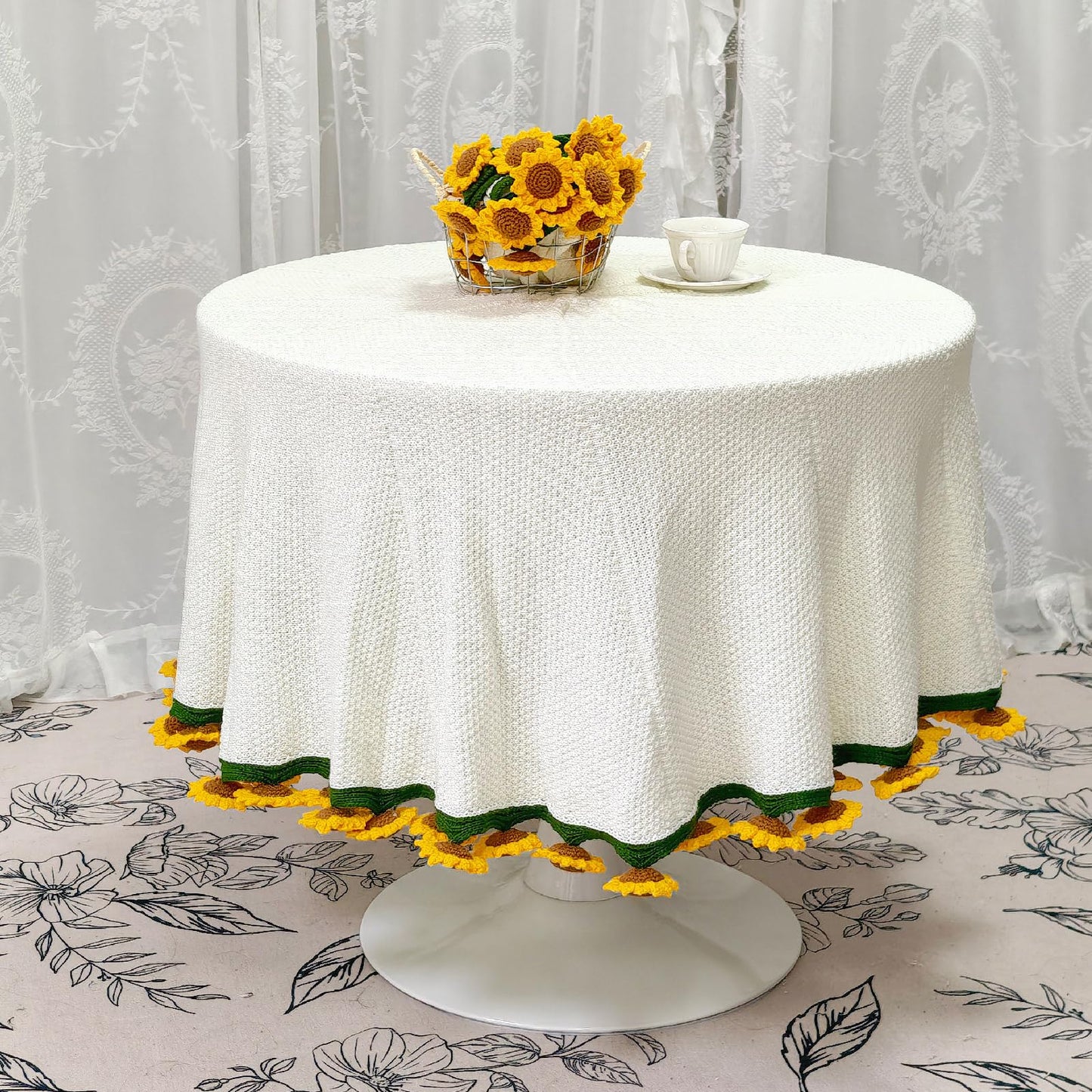 SoffMoiis Crochet Sunflower Bouquet Blanket, Handmade Flower Blankets, 59 Inch Round Floral Knitted Gifts for Mother's Day, Birthday, Teacher, Friend, Home Decor, Sofa（Finished Product）