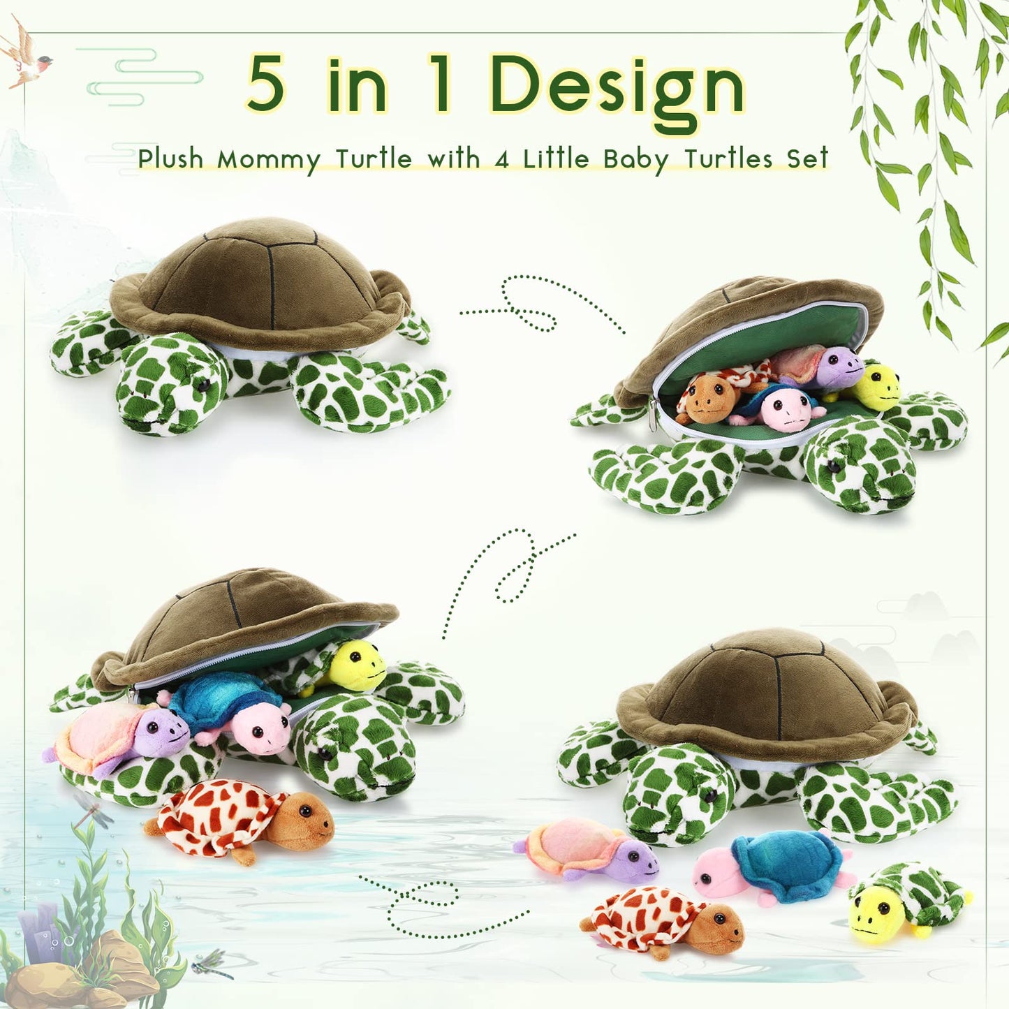 Aoriher 5 Pieces Plush Turtle Set Stuffed Turtle 12 Inch Stuffed Sea Turtle Mom with 4 Little Turtles Soft Plush Stuffed Animal Toys Tortoise Hugging for Birthday Easter, Christmas(Vivid Style)
