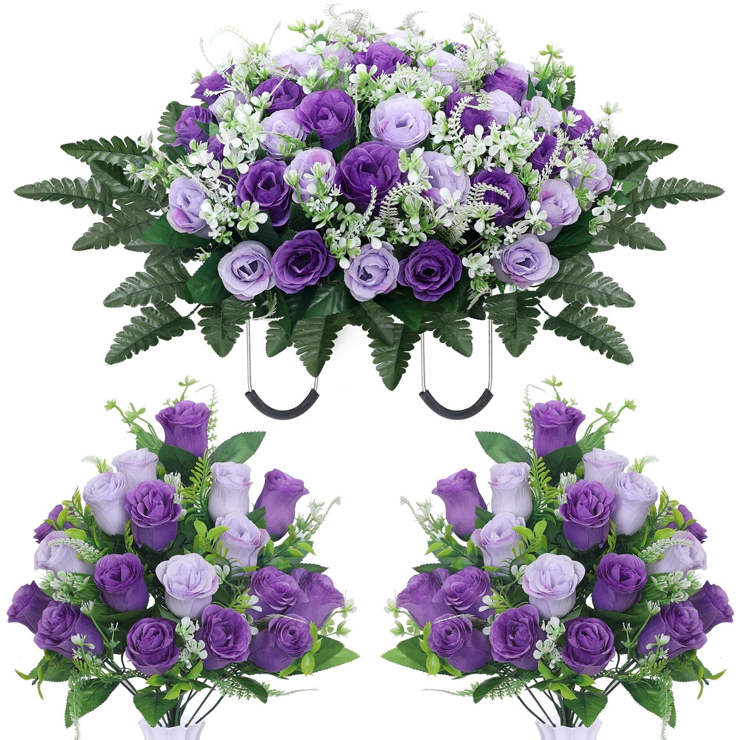 LOSFOTBO 3pcs Headstone Flowers Saddle for Tombstone,Cemetery Flower Memorial Bouquet with Vase,Rose Headstone Flowers Saddle (Purple)