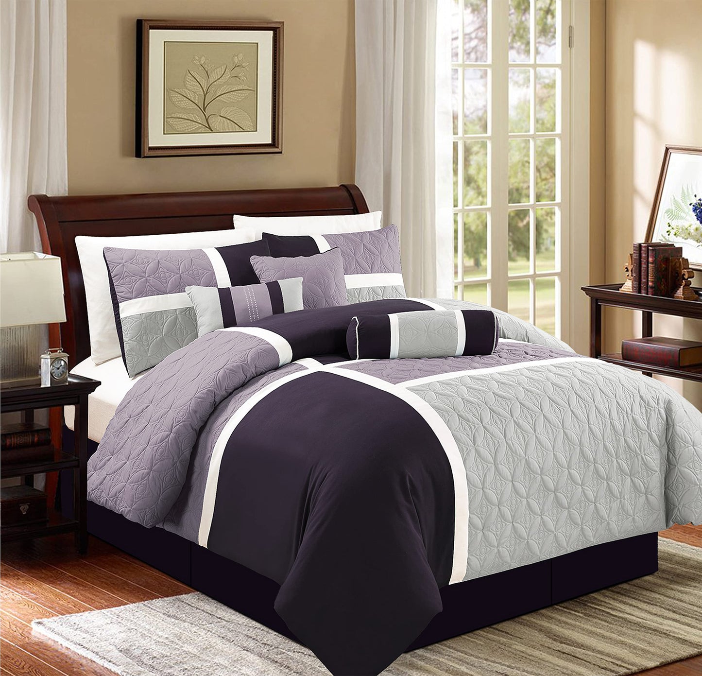 Chezmoi Collection Upland 7-Piece Quilted Patchwork Comforter Set, Lavender/Gray/Purple, Queen
