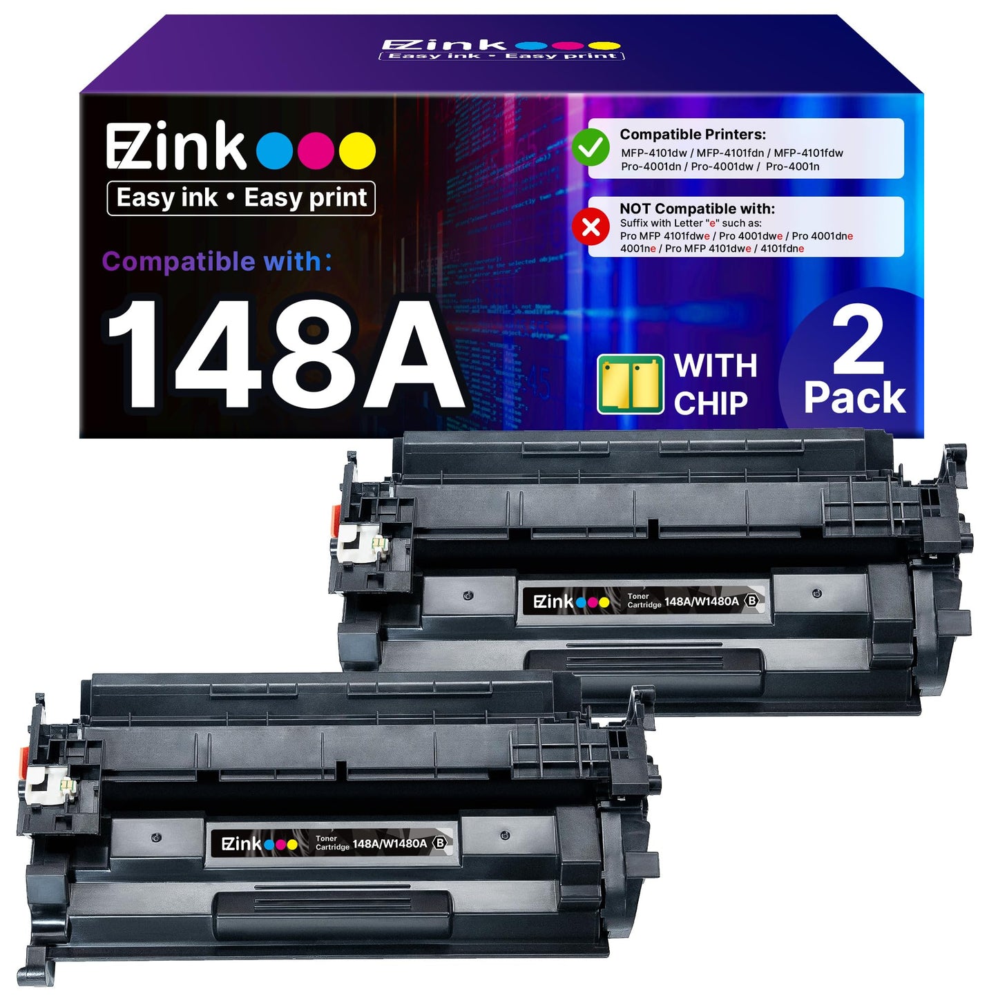 E-Z Ink 148A Toner Cartridge (with Chip) Replacement for HP 148A Toner Cartridge W1480A 148X W1480X to Use with Pro MFP 4101fdn 4101fdw 4001dn 4001n Printer (Black, 2 Pack)