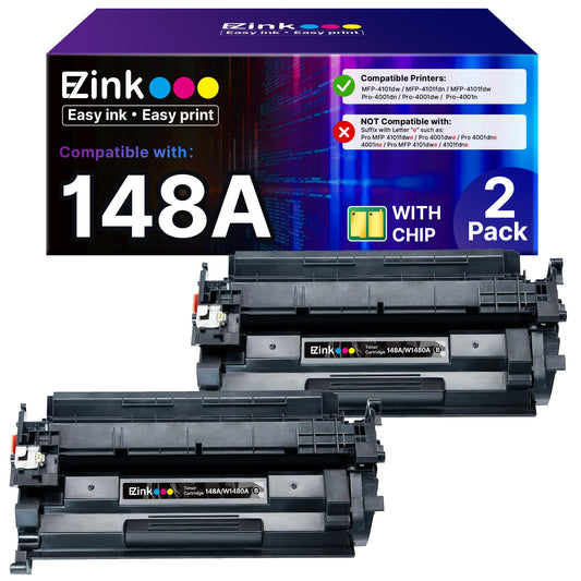E-Z Ink 148A Toner Cartridge (with Chip) Replacement for HP 148A Toner Cartridge W1480A 148X W1480X to Use with Pro MFP 4101fdn 4101fdw 4001dn 4001n Printer (Black, 2 Pack)