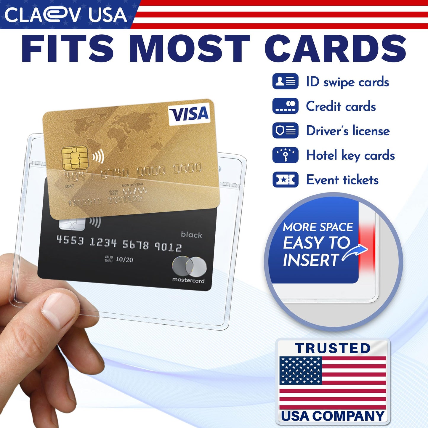 Claev - Horizontal Flexible and Tear Resistant Card Protector - Clear, 4x3 Inch, 250 Pack - Large Easy Open Plastic ID Name Badge Holders for Conferences, Conventions, Offices & Schools