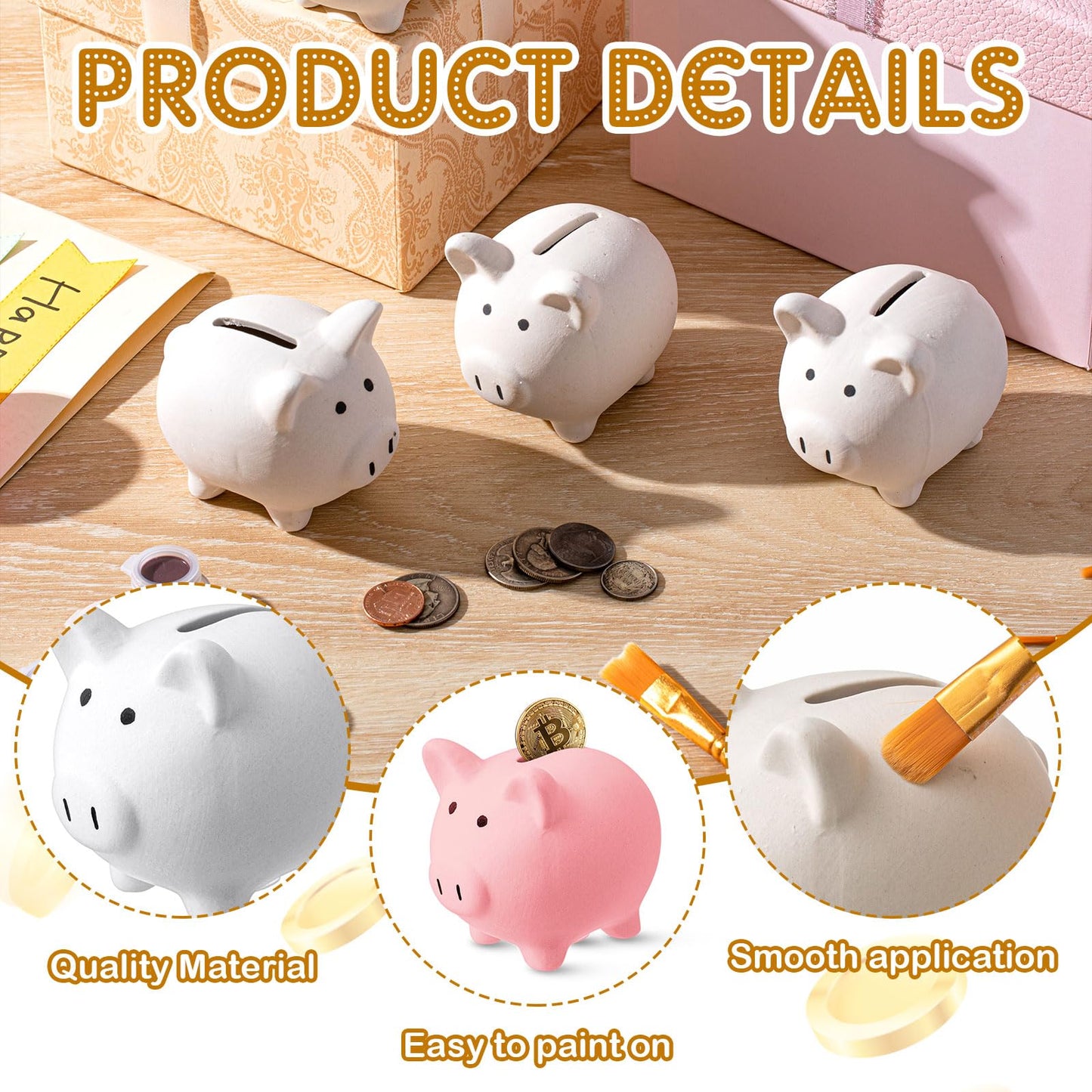Skybooly 12 Pcs DIY Ceramic Piggy Banks - White, Compact Coin Bank for Boys & Girls Aged 8+, Unisex - Includes 2 Paint Strips & 10 Brushes
