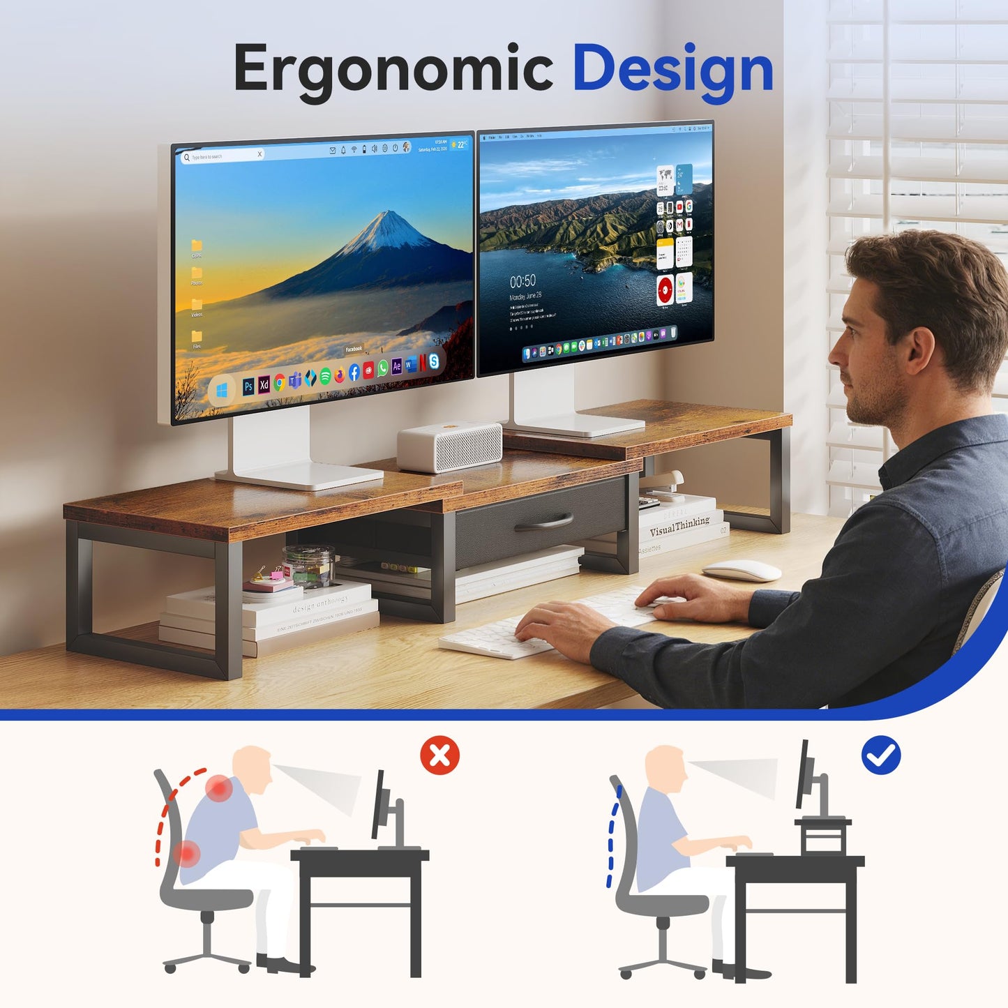 HEWORLIF Desk Organizers and Accessories, Dual Monitor Stand Riser with Drawer, Computer Monitor Stand, Adjustable Desk Shelf for PC Laptop Printer TV, Brown