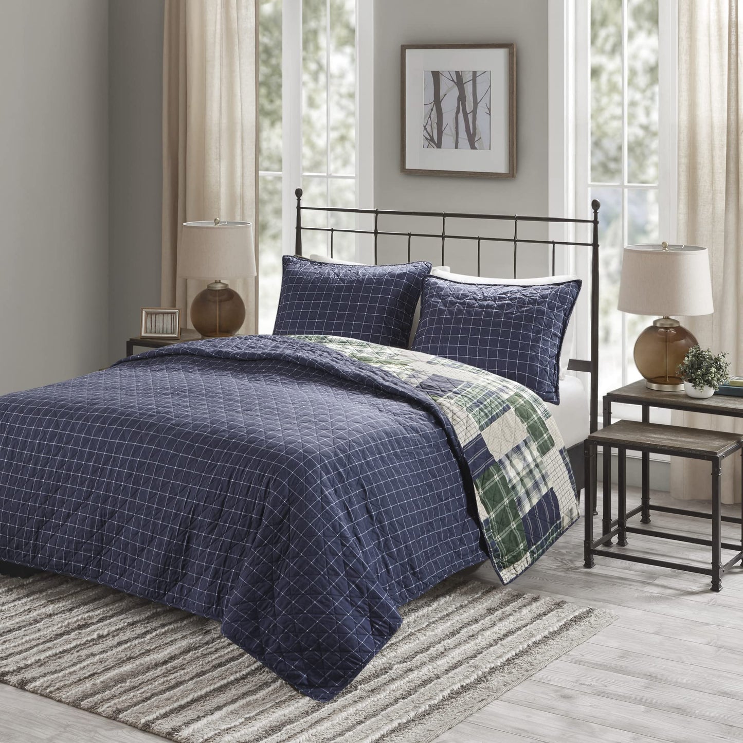 Madison Park Reversible Quilt Cabin Lifestyle Plaid Design - All Season, Breathable Coverlet Bedspread Bedding Set, Matching Shams, King/Cal King(104"x94"), Green/Navy 3 Piece