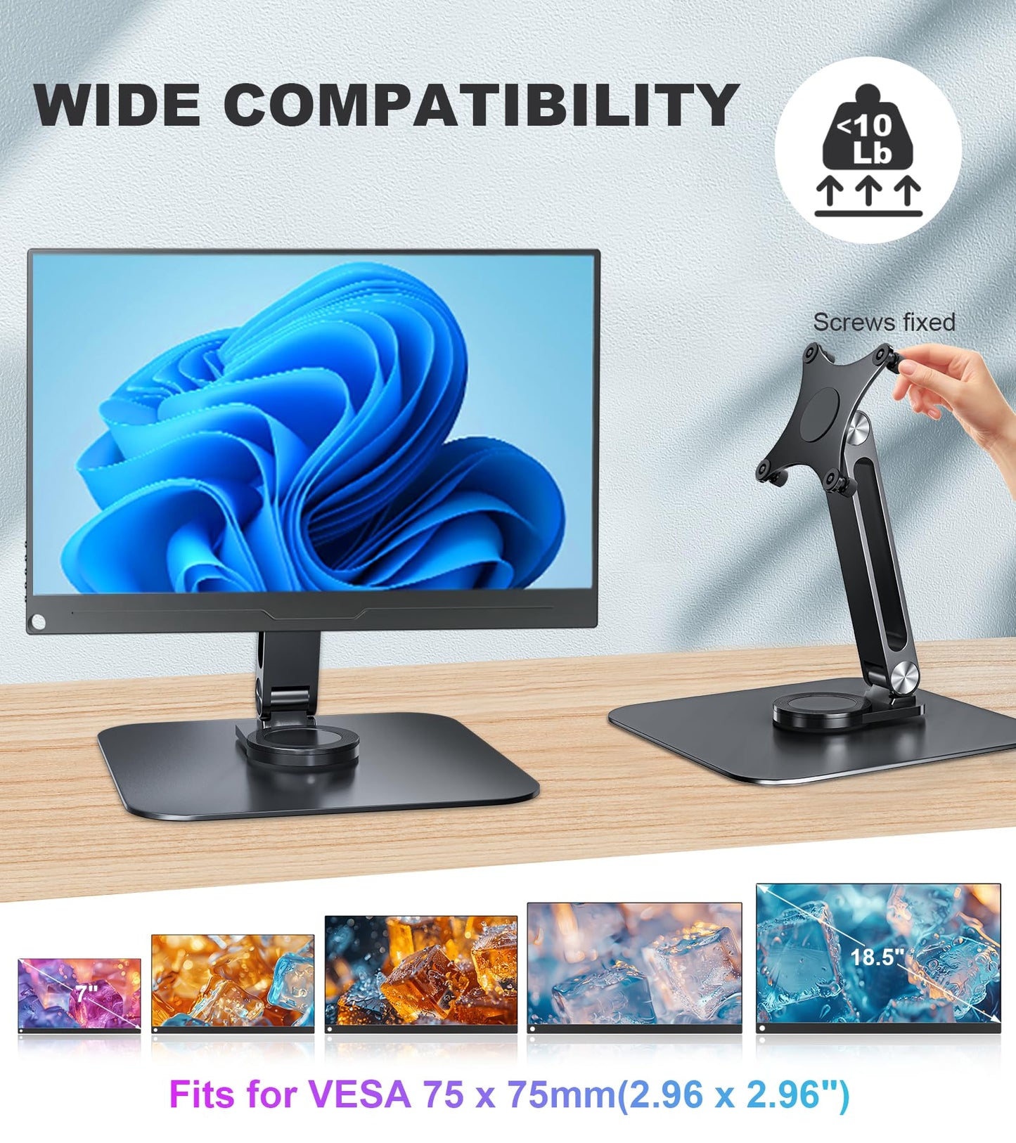 JUNEBOX Portable Monitor Stand VESA 75x75mm Holes M4 Anti-Loss Screws, Aluminum Alloy Base, Fits 7"- 18", 15.6" 16" 17" 17.3" 18" Inch Small Monitors Lay Flat, Black Desk Mount (Not Fits100x100mm)