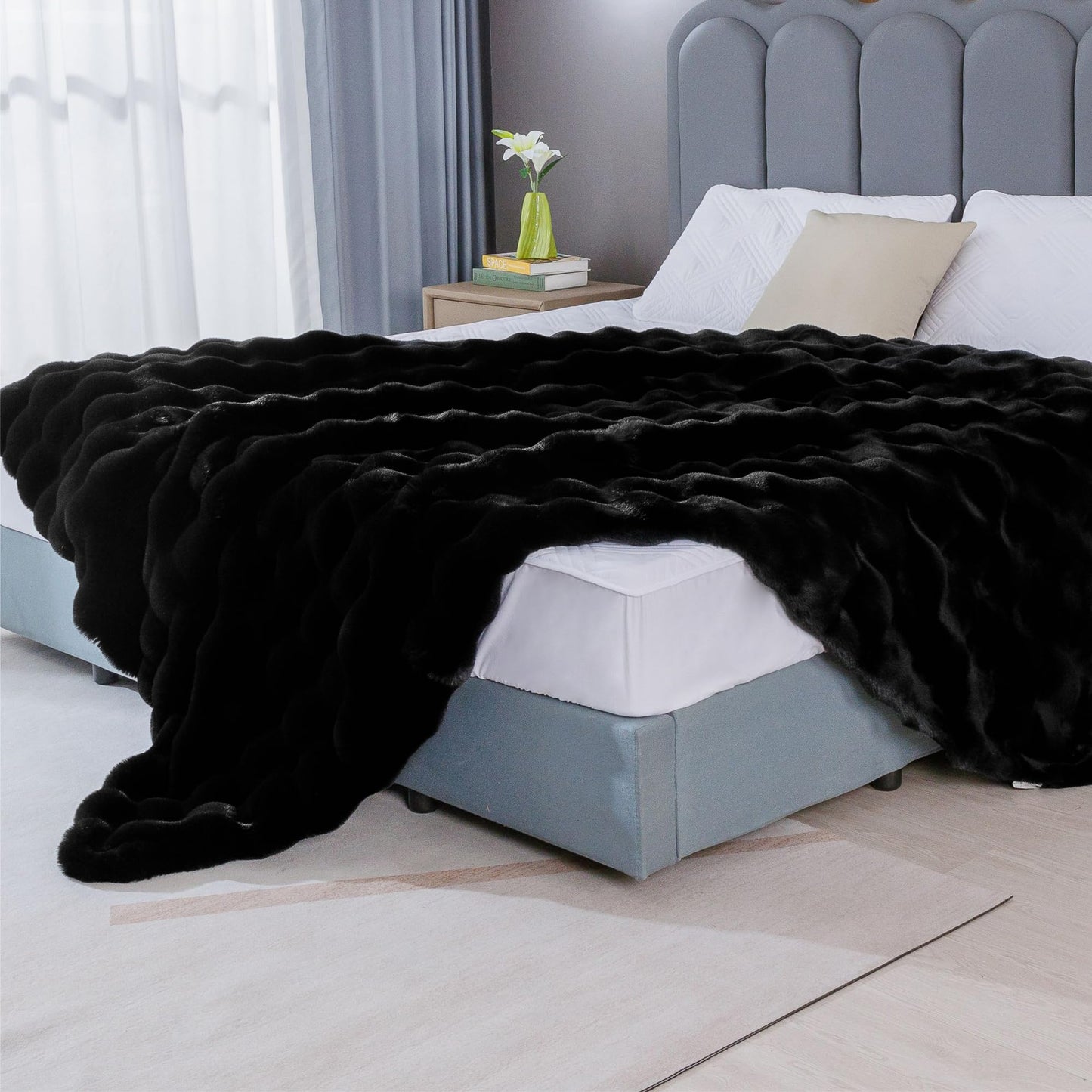 BlanketSolution Fluffy Furry Black Faux Fur Throw Blanket for Couch Bed 50x60 Fuzzy Bubble Soft Blanket for Adults Gift Home Living Room Decorative Decor 860 GSM
