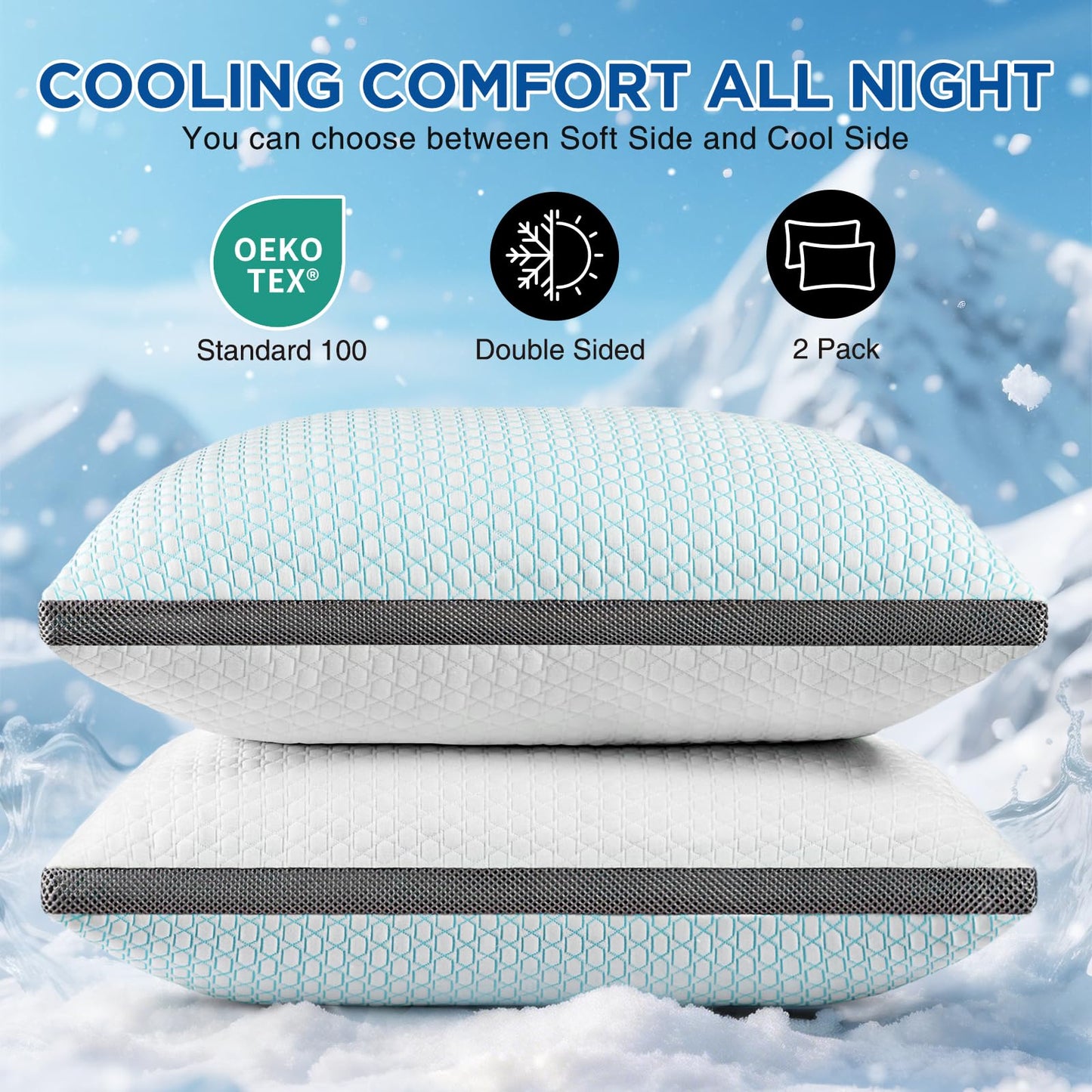 Baskbed Cooling Pillows Queen Size Set of 2, Shredded Memory Foam Pillows 2 Pack, Bed Pillow for Hot Sleepers Adjustable Firm Pillow for Side, Back and Stomach Sleepers, Machine Washable