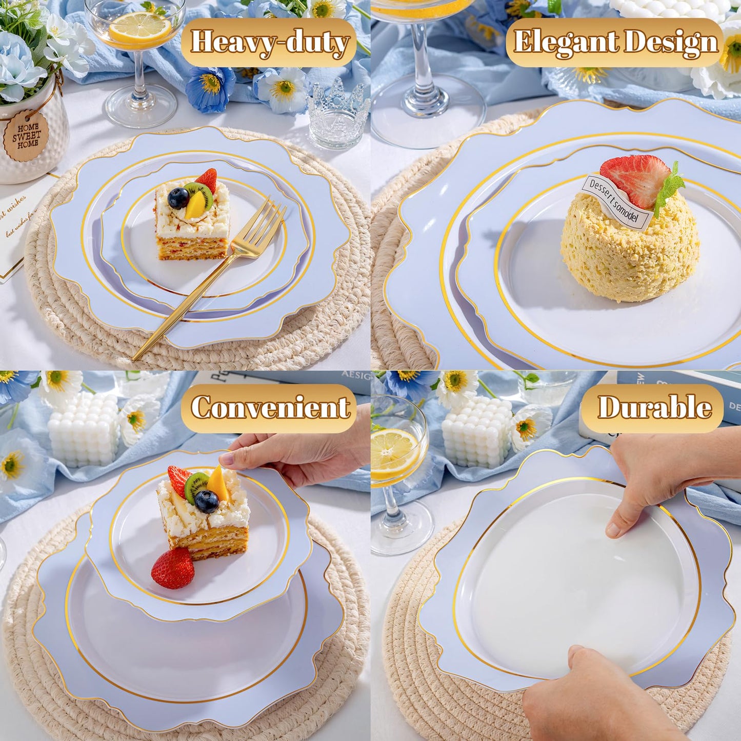 WDF 100PCS Blue Plastic Plates - Light Blue Plates Disposable - Heavy Duty Scalloped Plastic Plate for Parties/Wedding/Baby Shower