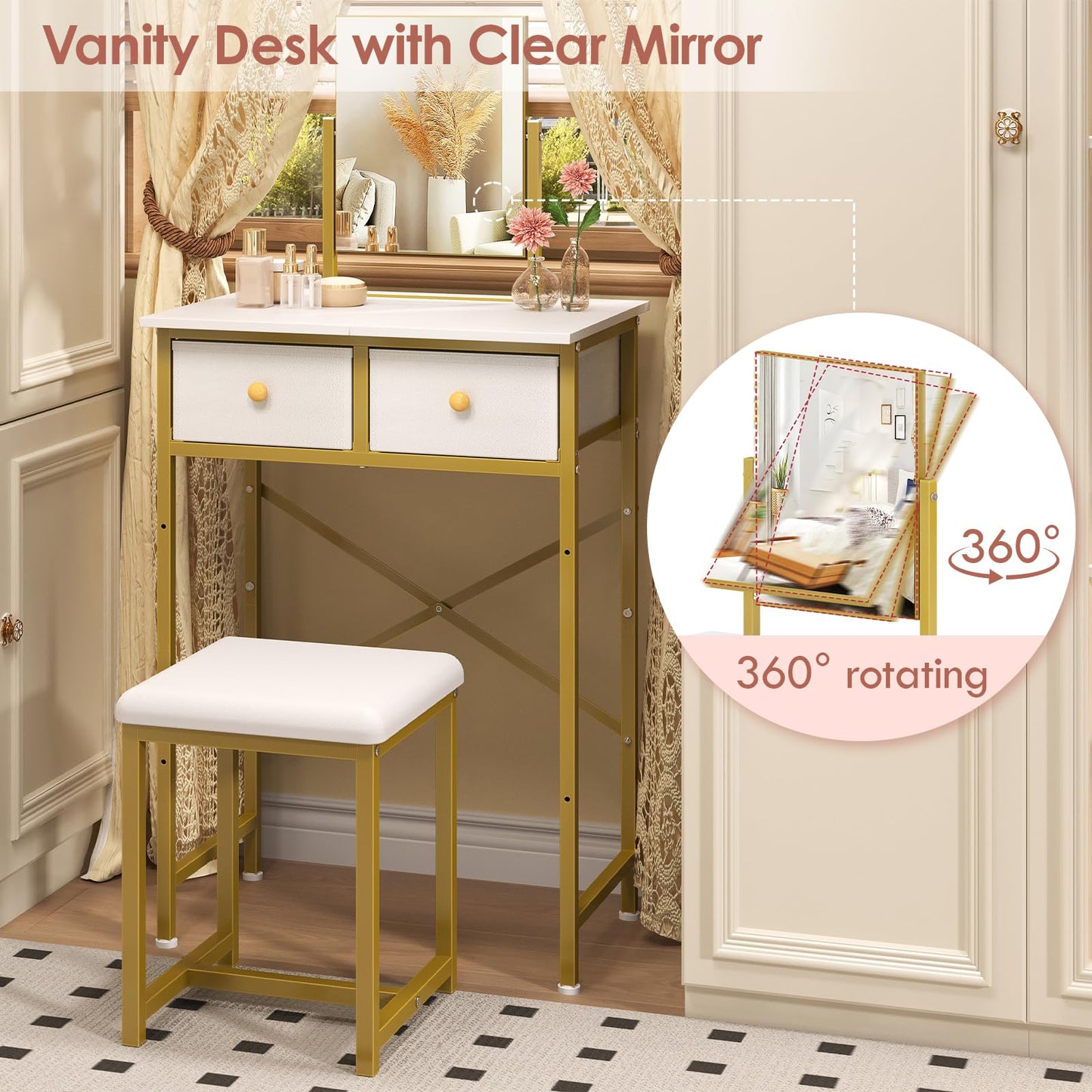 X-cosrack Small Makeup Vanity Desk with Mirror & Chair, Mini Vanity Desk Table Set with Fabric Storage Drawer, 19.7" Compact Vanity Desk for Girls, Dressing Table with Chair for Bedroom, White Golden