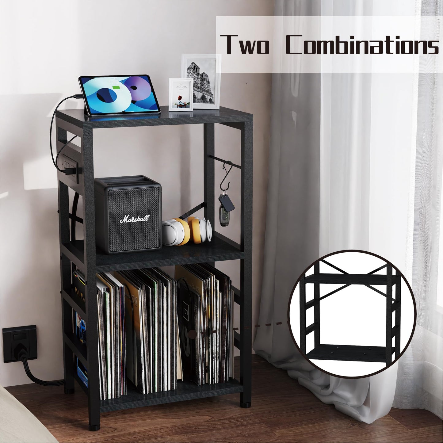 YAKANJ End Table with LED Light,Record Player Stand with Charging Station,Vinyl Records Storage,Turntable Stand Albums Storage for Music Room Studio-Industry Black
