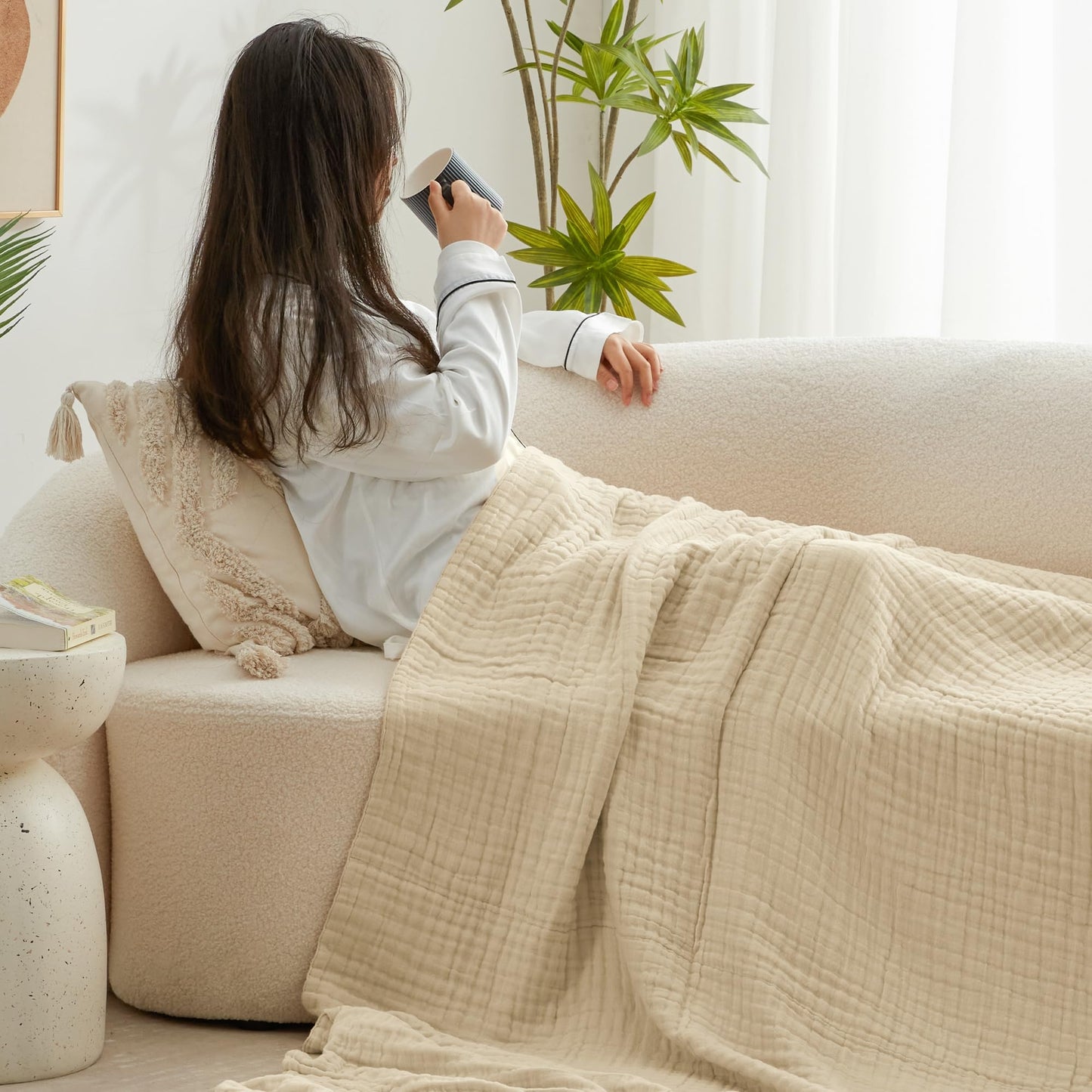 Love's cabin 100% Cotton Muslin Blanket, 6 Layer Lightweight Breathable Gauze King Size Blanket 108 x 90 Inches, Soft Summer Blanket for Bed, Khaki
