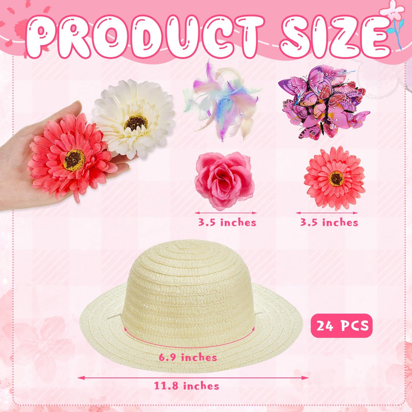 Hotop 24 Pcs DIY Tea Party Hats for Girls with 48 Pcs Artificial Flower 24 Pcs Faux Butterfly 100 Pcs Fake Feather 1 Ribbon DIY Straw Hats Set Straw Hats for Crafts Dress up Hats Straw Farmer Hat