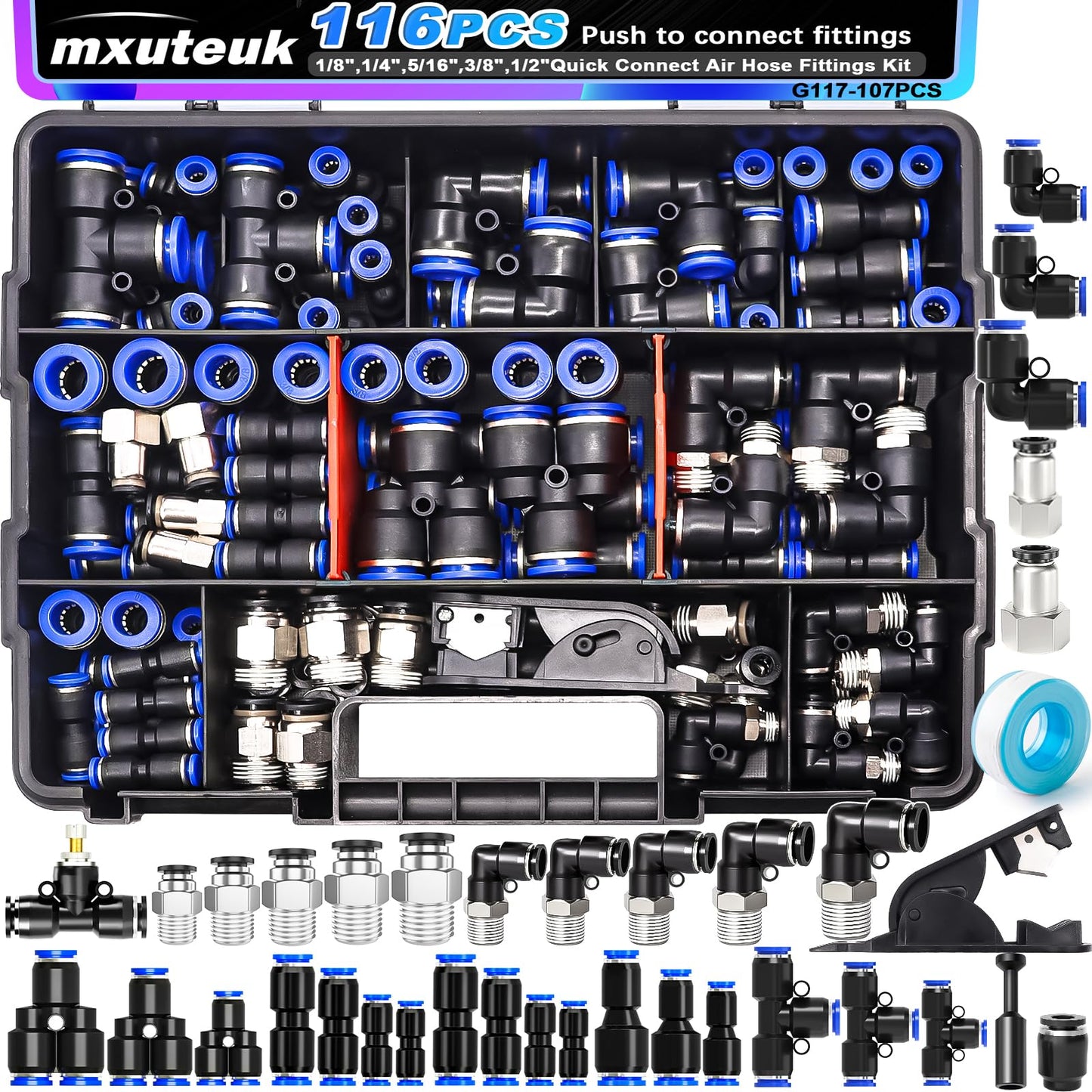 mxuteuk 116PCS Air Line Quick Connect Fittings,1/8",1/4",5/16",3/8",1/2",4/6/8/10mm OD Push to Connect Fittings,Quick Connect Air Hose Fitting,Quick Release Pneumatic Kit