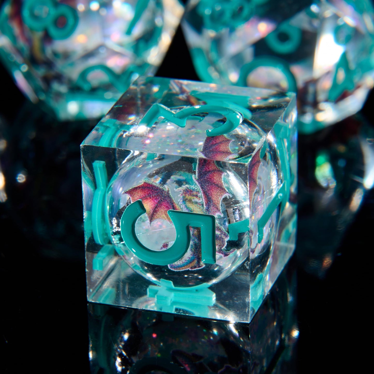YZDHERO Dragon Polyhedral Dice Set, 7-Piece Clear Resin with Liquid Core, Sharp Edge Fantasy Dice with Teal Numbers, Dragon Artwork for D&D RPG Games