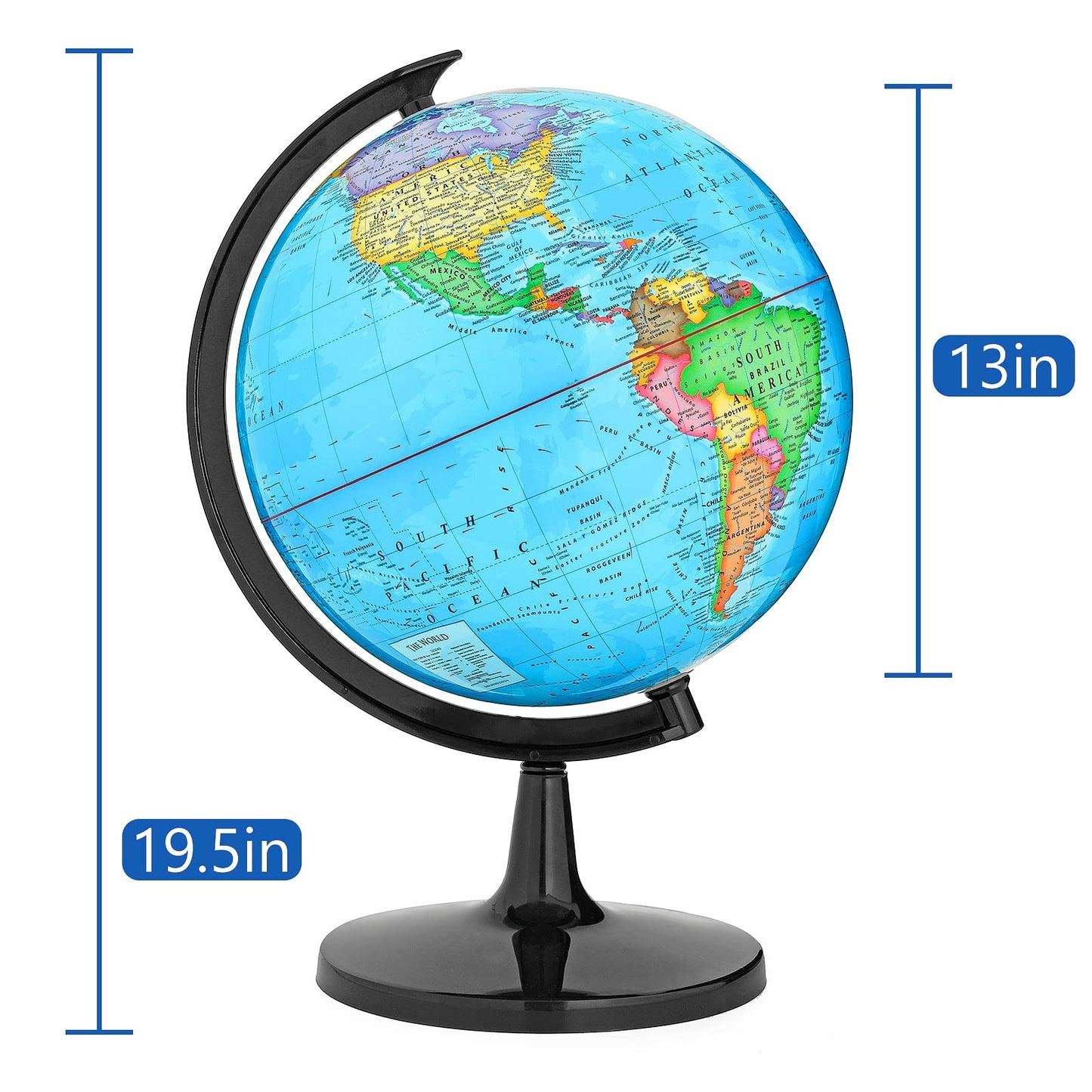 GOCHANGE Globes for Kids, 13" Political Globe for Classroom Teaching with HD Waterproof Surface & Writable Surface, Full Length 19.7 inch 360° Spinning Globe for Education & Desk