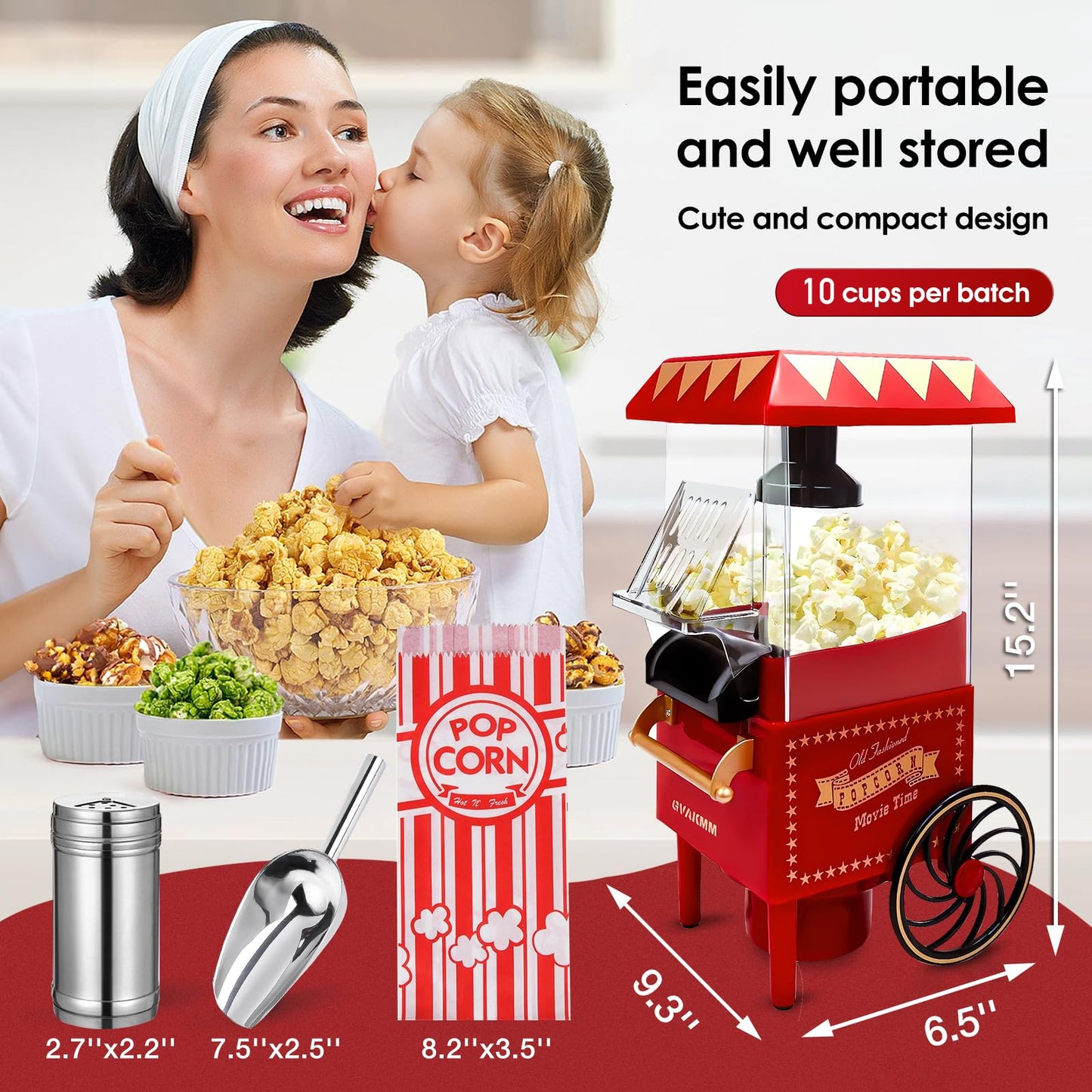 GVAKMM Popcorn Machine, Hot Air Popcorn Maker Kit Gift Box, Portable Home Popcorn Popper Machine, 10-Cup,Oil-Free,Retro Style,Compact and Cute