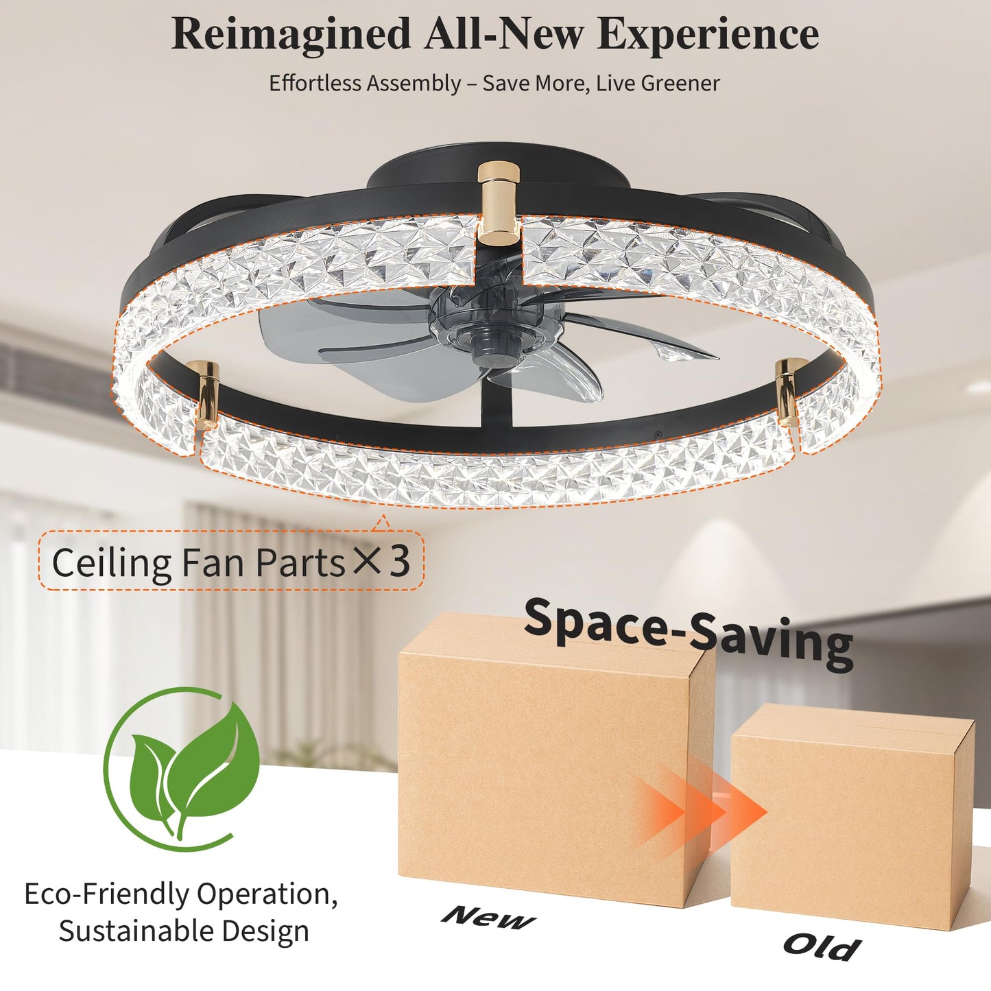 DIAMONDFORGE Ceiling Fans with Lights and Remote Fandelier - Low Profile Modern - 20'' Flush Mount Ceiling Fans for Bedroom,Stepless Color Temperature and 6 Speeds- Black and Crystal