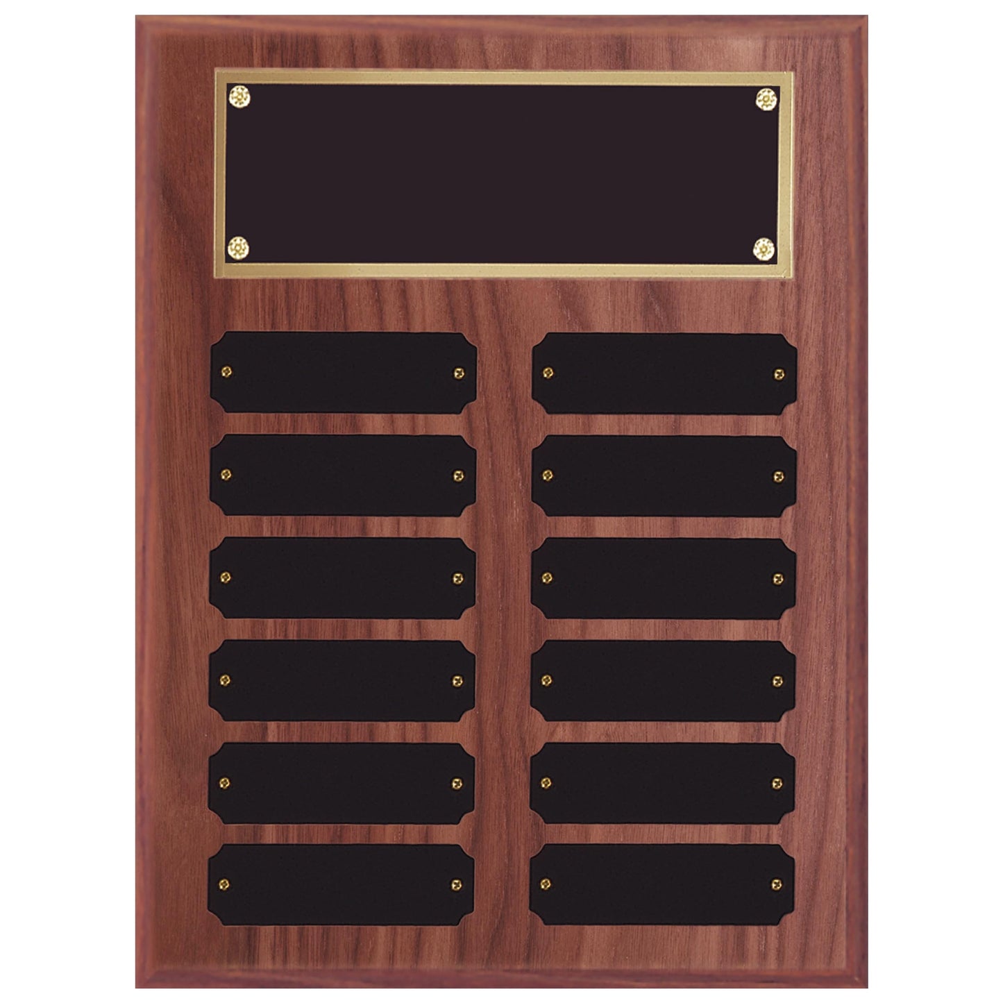 SHOP AWARDS AND GIFTS 9 x 12 Inch Perpetual Plaque Award Multiple Name Plate Board for Employee Appreciation, Recognition, Achievement, Walnut Finish with Black and Gold Header, 12 Name Plates