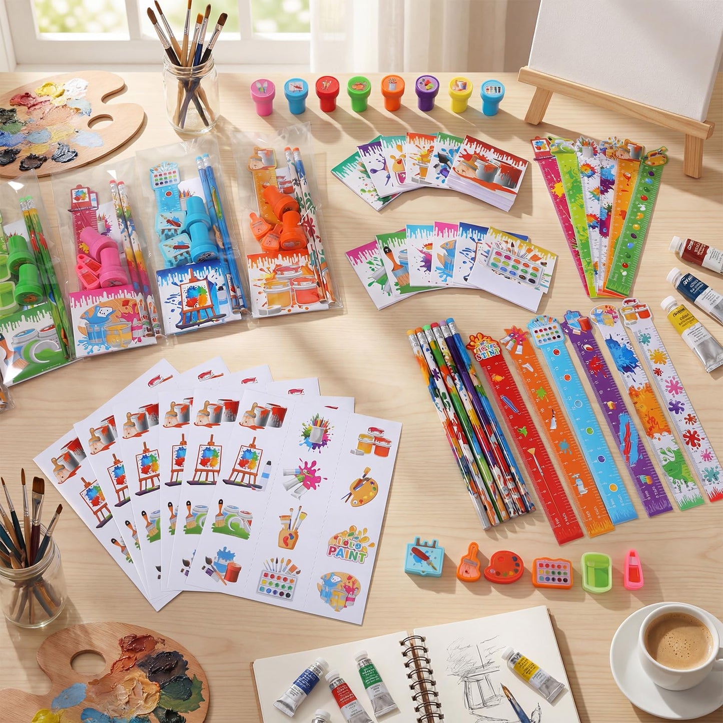 Pajean 168 Pcs Art Paint Party Favors Decorations – 24 Set Art Mini Notebooks Notepads, Pencils, Stamps, Large Stickers Stationery Paint Splatter Birthday Party Favors Supplies Artist Goodie Bag Gift